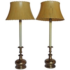 Pair of Tall Stiffel Brass Candlestick Lamps with Handstitched Rawhide Shades