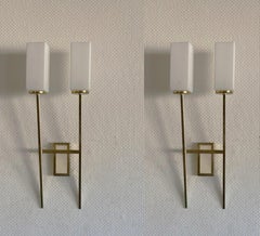 Pair of Tall Glass Brass Two-Arm Wall Sconces in Style of Stilnovo, Italy, 1960s