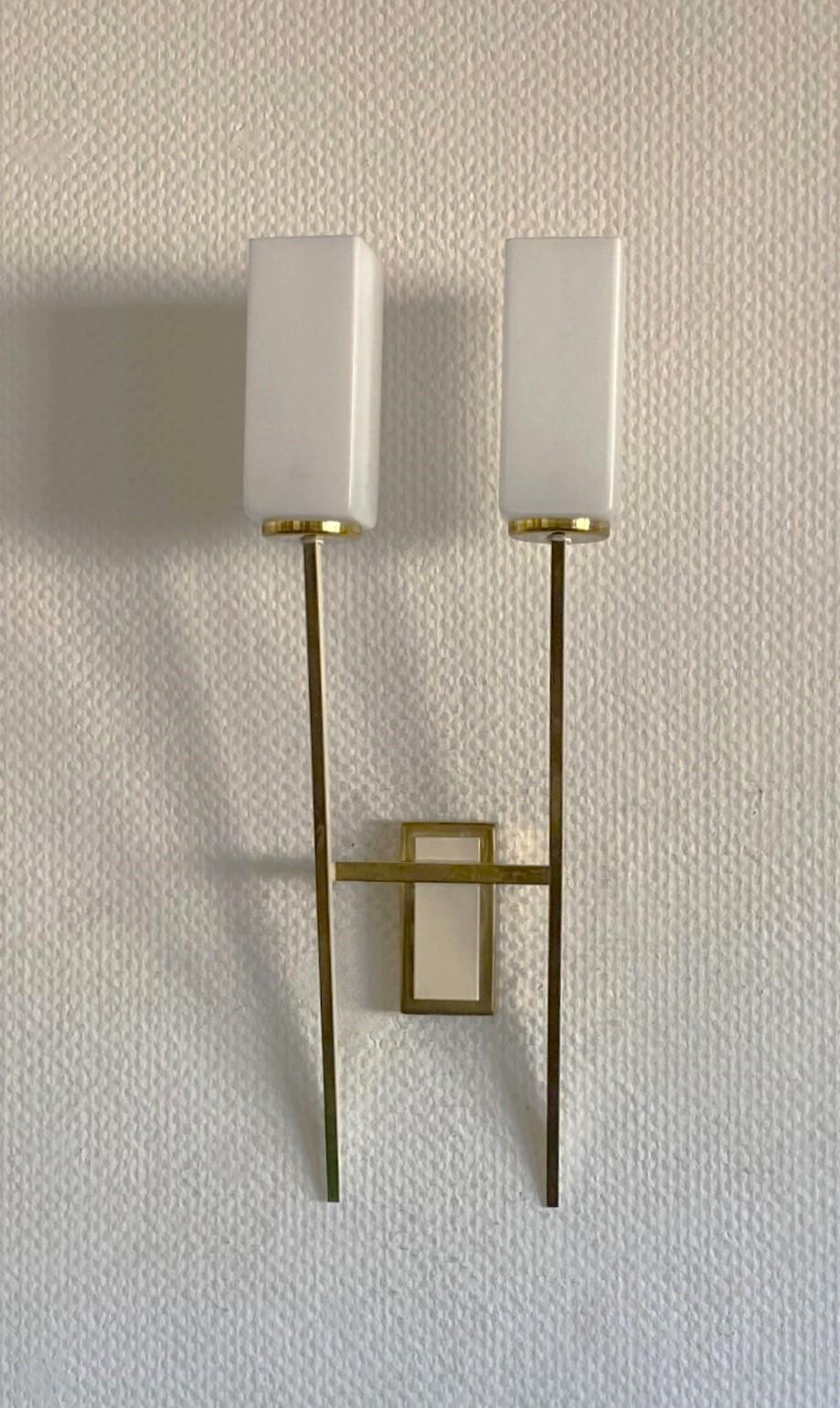 Art Deco Pair of Tall Stilnovo Glass Brass Two-Arm Wall Sconces, Italy, 1960s For Sale
