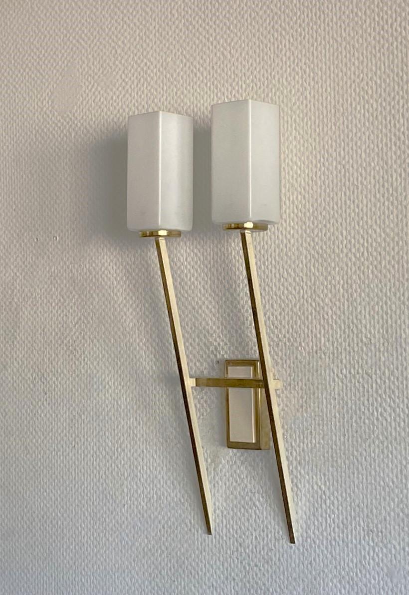 Italian Pair of Tall Stilnovo Glass Brass Two-Arm Wall Sconces, Italy, 1960s For Sale