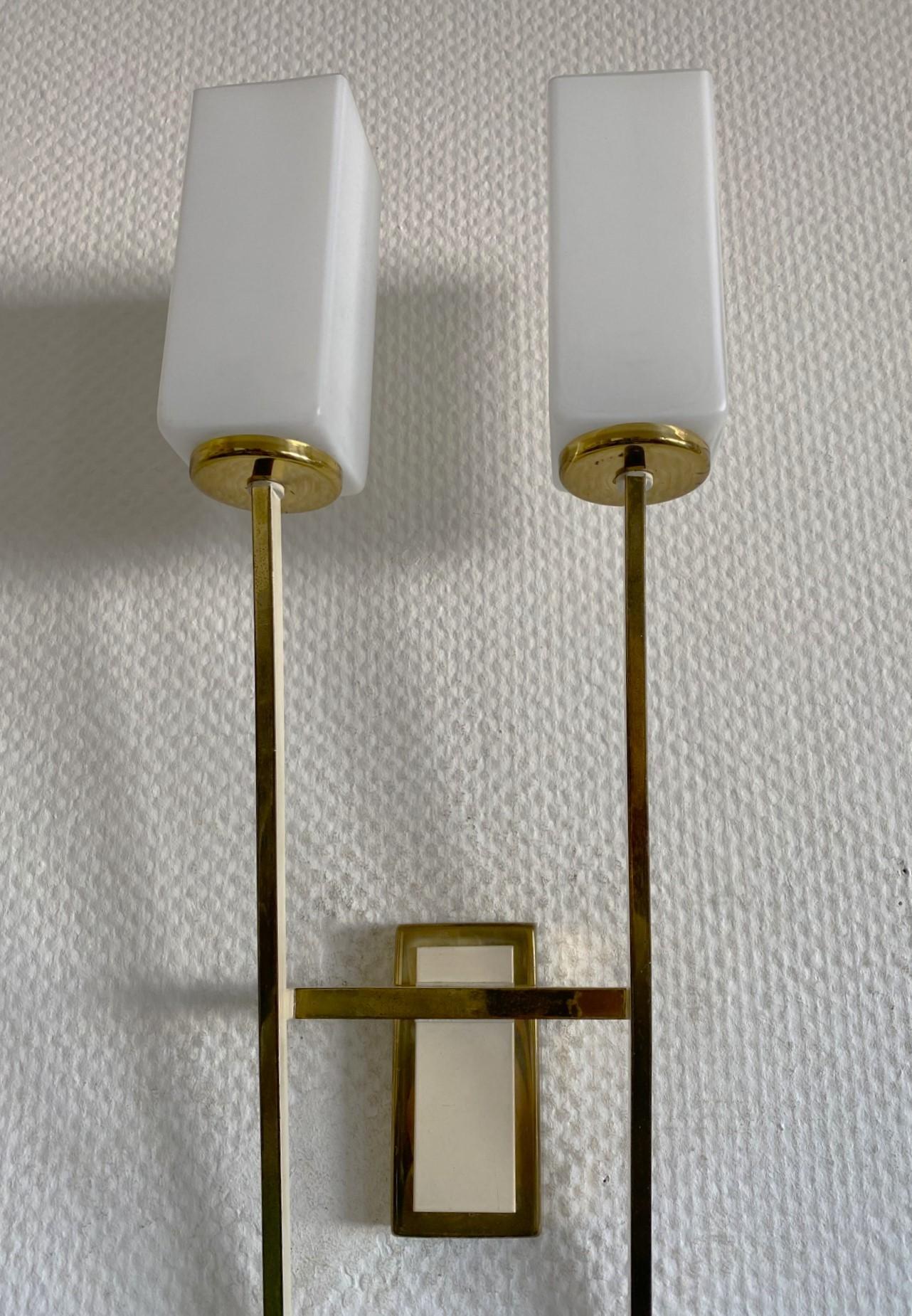 20th Century Pair of Tall Stilnovo Glass Brass Two-Arm Wall Sconces, Italy, 1960s For Sale