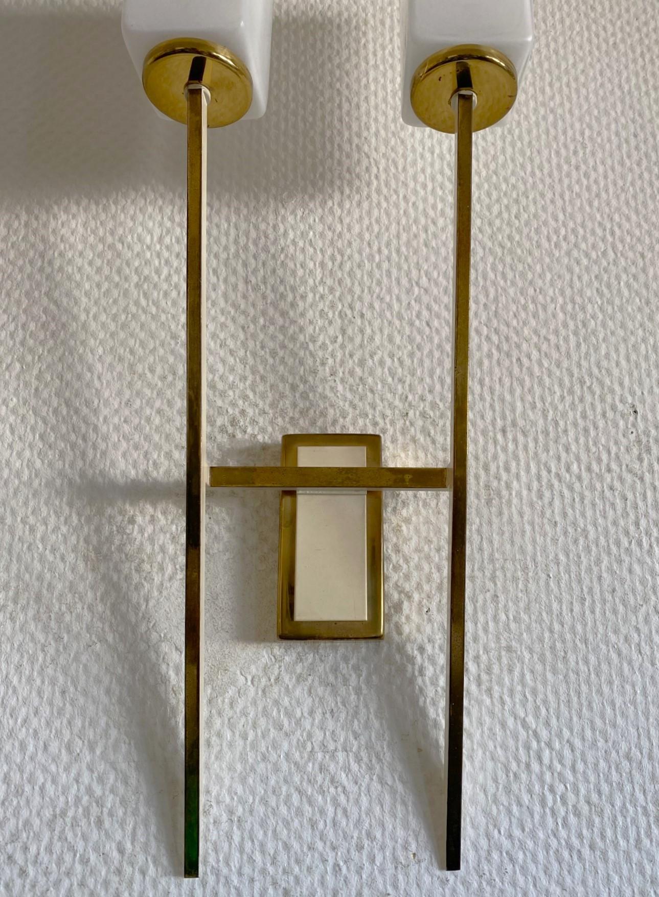 Pair of Tall Stilnovo Glass Brass Two-Arm Wall Sconces, Italy, 1960s For Sale 1