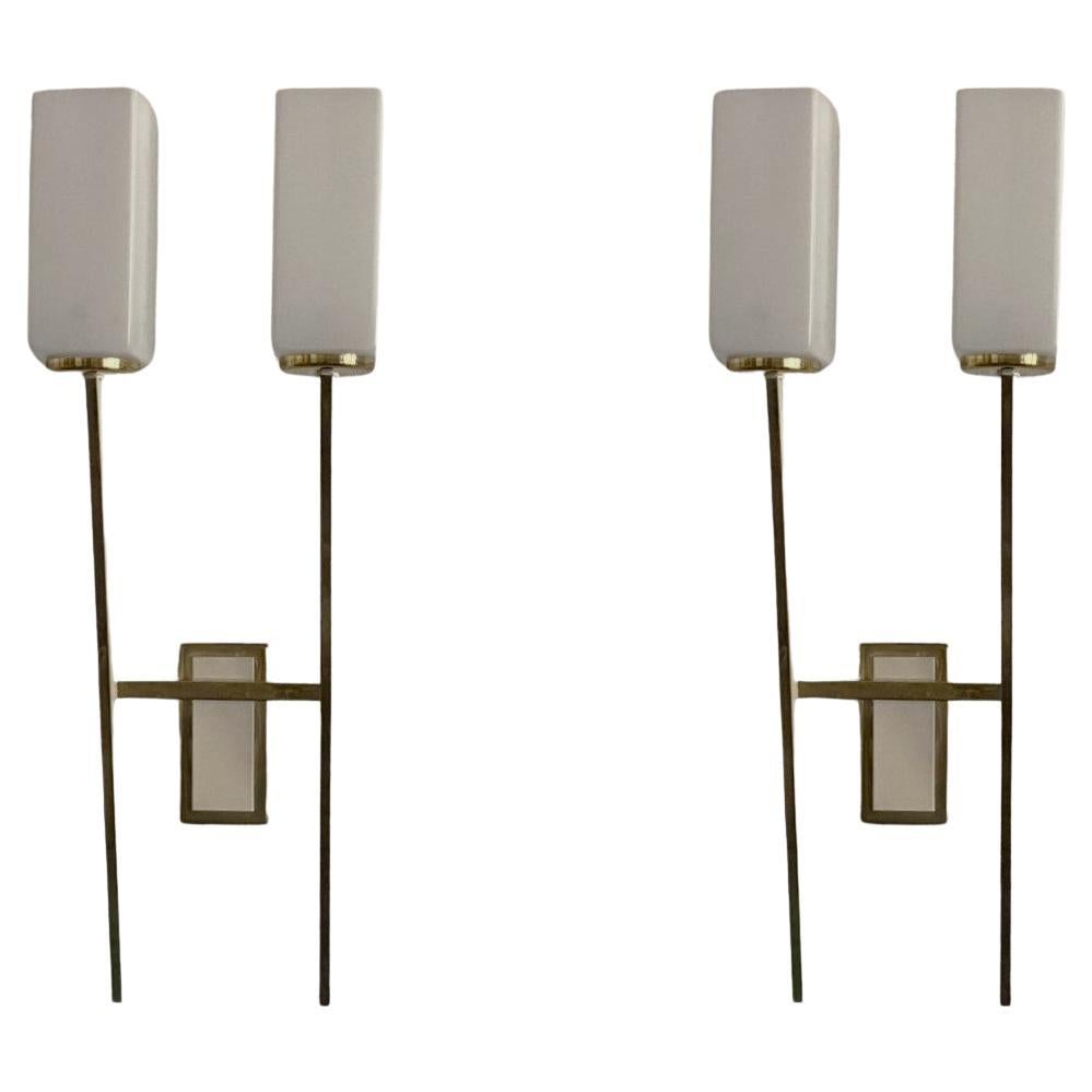 Pair of Tall Stilnovo Glass Brass Two-Arm Wall Sconces, Italy, 1960s For Sale