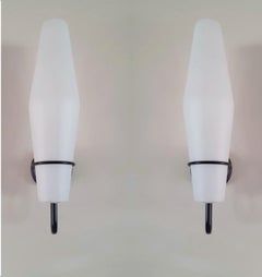 Pair of Tall Scandinavian Satin Glass Black Metal Wall Sconces, Denmark, 1960s