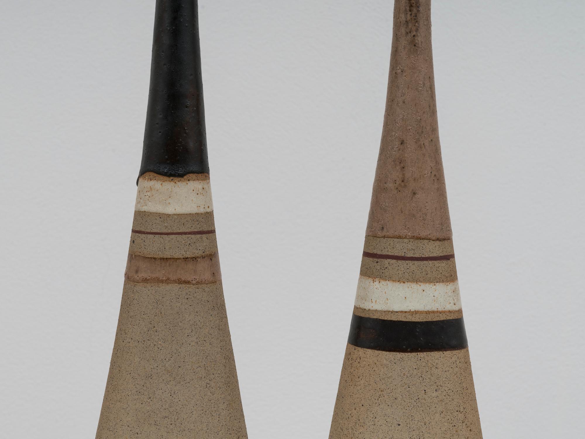 Enameled Pair of Tall Striped Ceramic Vases by Bruno Gambone, 1970s