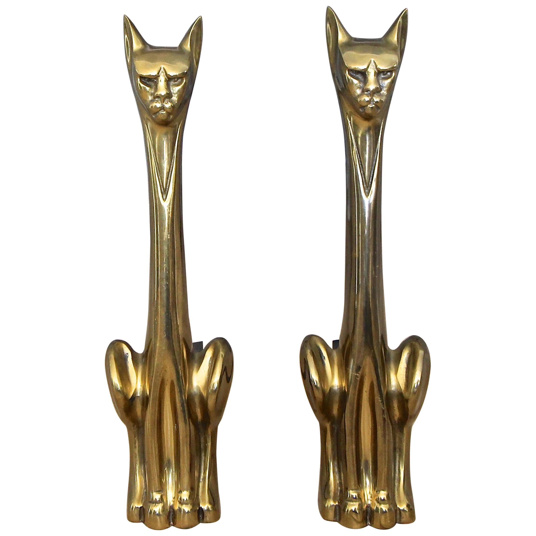 Pair of Tall Stylized Siamese Cat Midcentury Brass Andirons