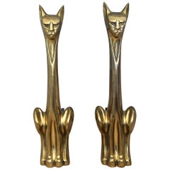 Vintage Pair of Tall Stylized Siamese Cat Midcentury Brass Andirons