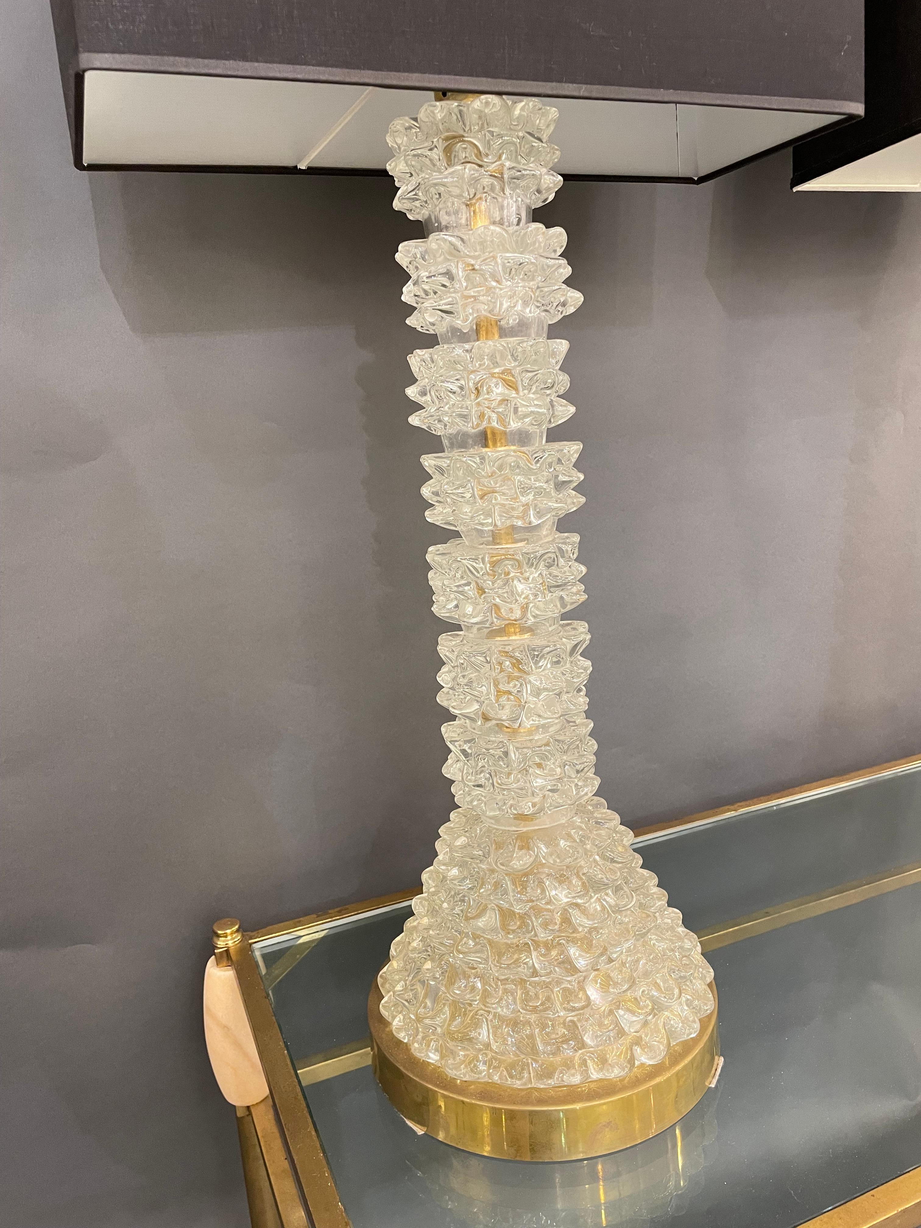 An amazing pair of Venetian table lamps, imposing size in very attractive and eye catching blown Murano glass, hand decorated with the technique Rostrato, circa 1980.