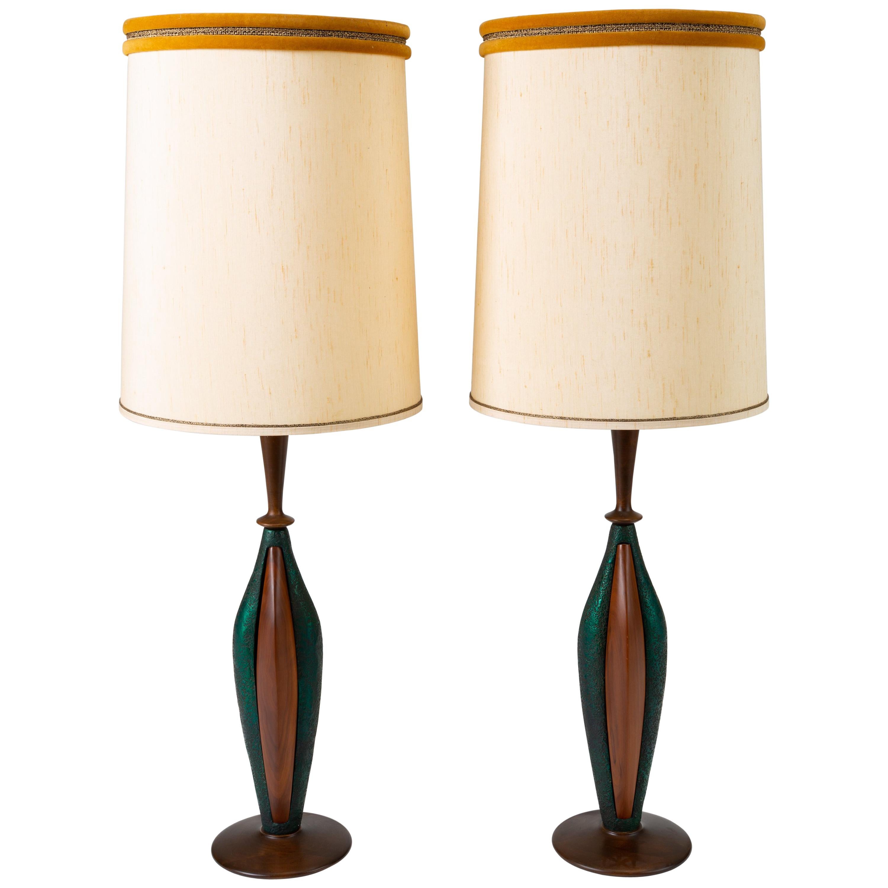 Pair of Tall Table Lamps in Walnut and Resin by Moderna