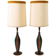 Vintage Pair of Tall Table Lamps in Walnut and Resin by Moderna