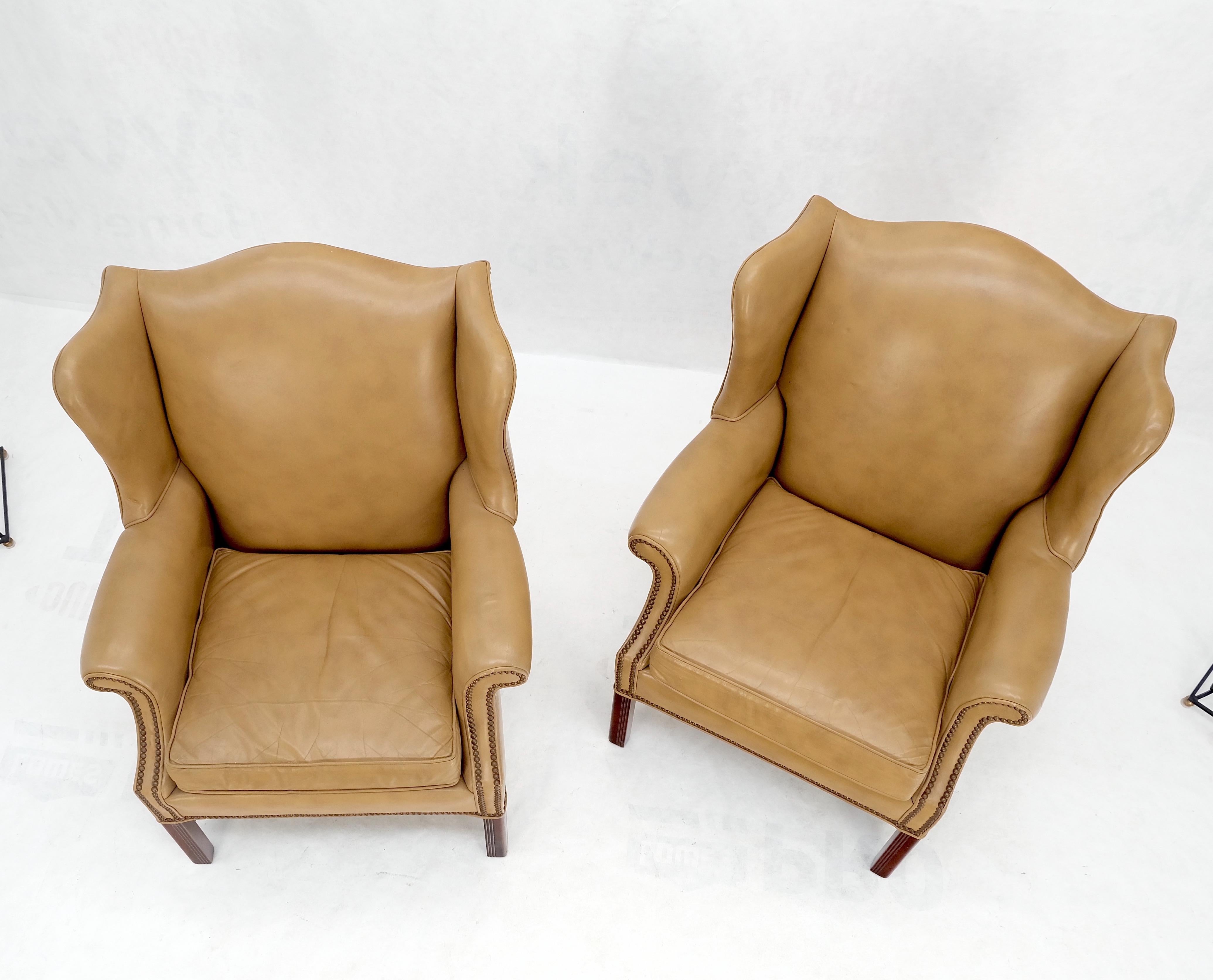 Pair of Tall Tan Leather Wing Chairs on Solid Mahogany Stretcher Base Mint! For Sale 2