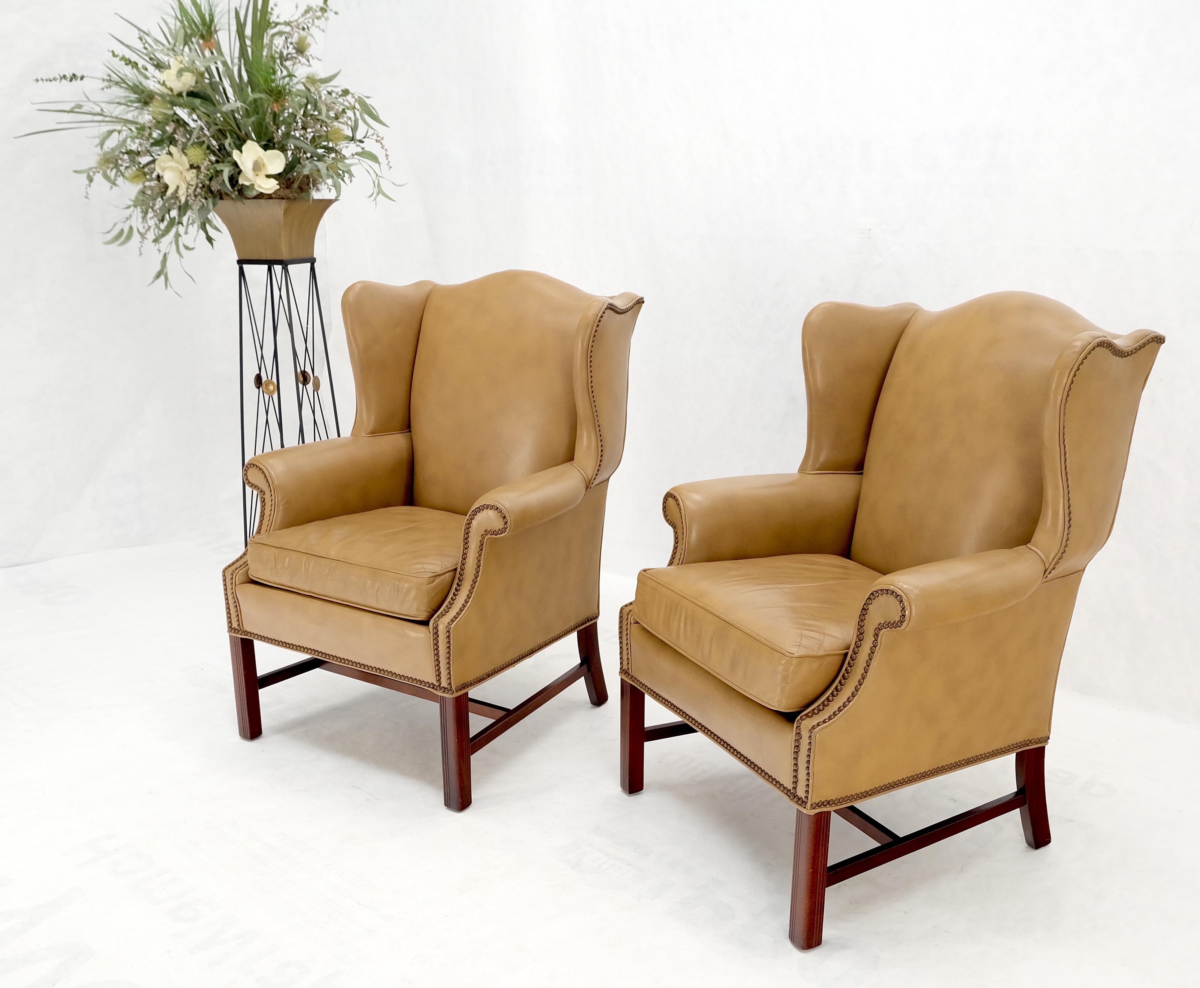Pair of Tall Tan Leather Wing Chairs on Solid Mahogany Stretcher Base Mint! For Sale 3
