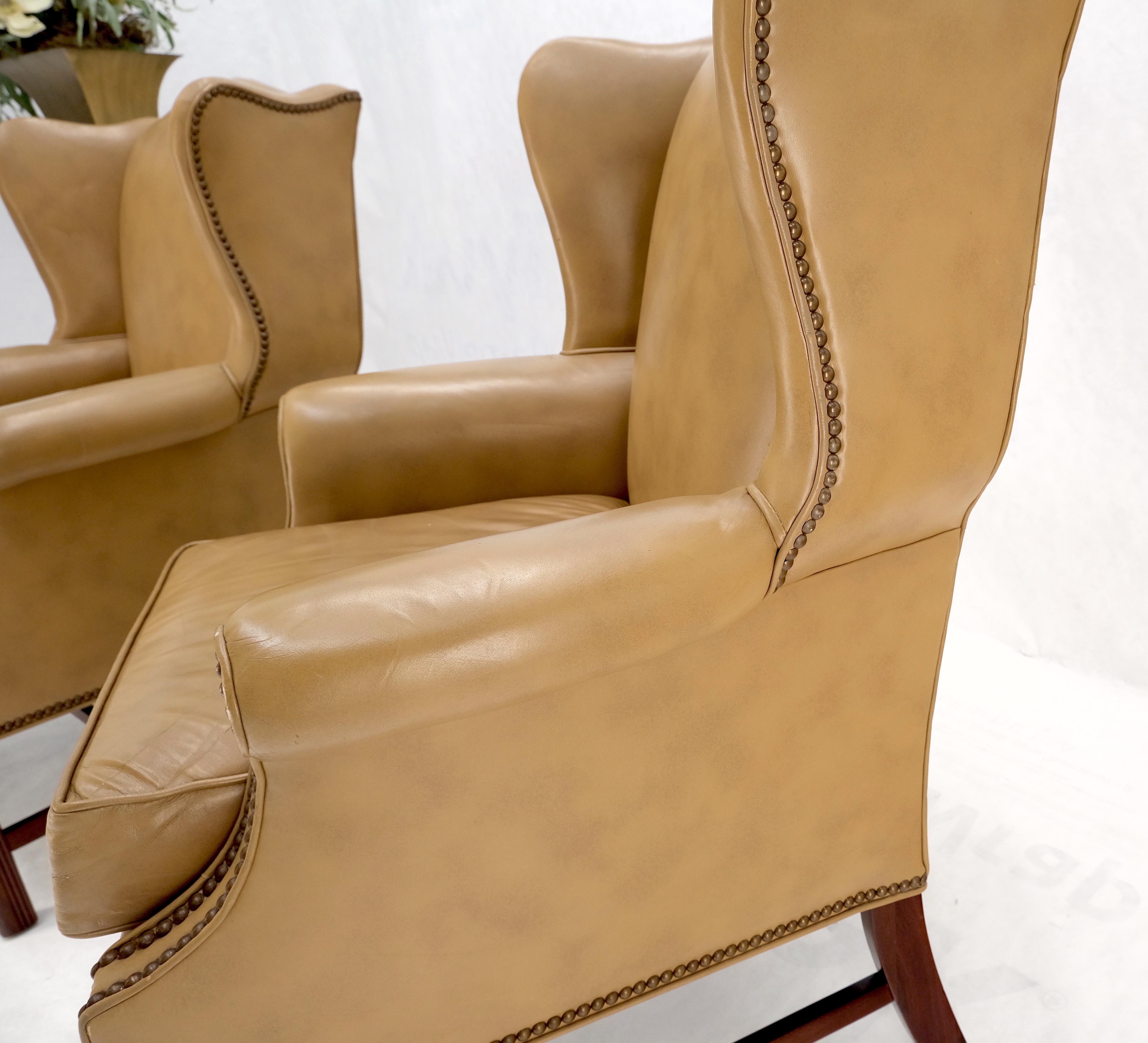 Pair of Tall Tan Leather Wing Chairs on Solid Mahogany Stretcher Base Mint! For Sale 4