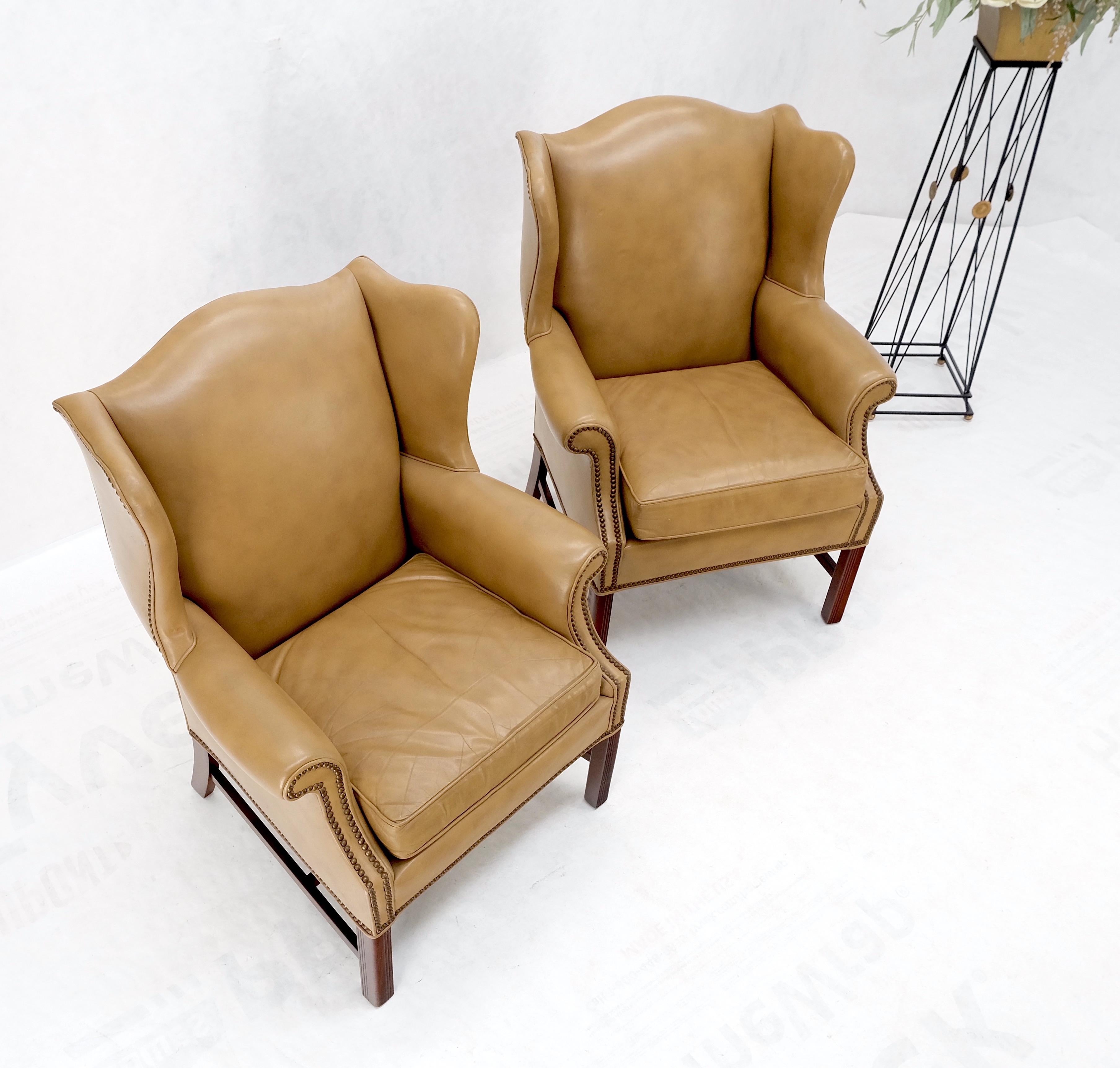 Pair of Tall Tan Leather Wing Chairs on Solid Mahogany Stretcher Base Mint! For Sale 5