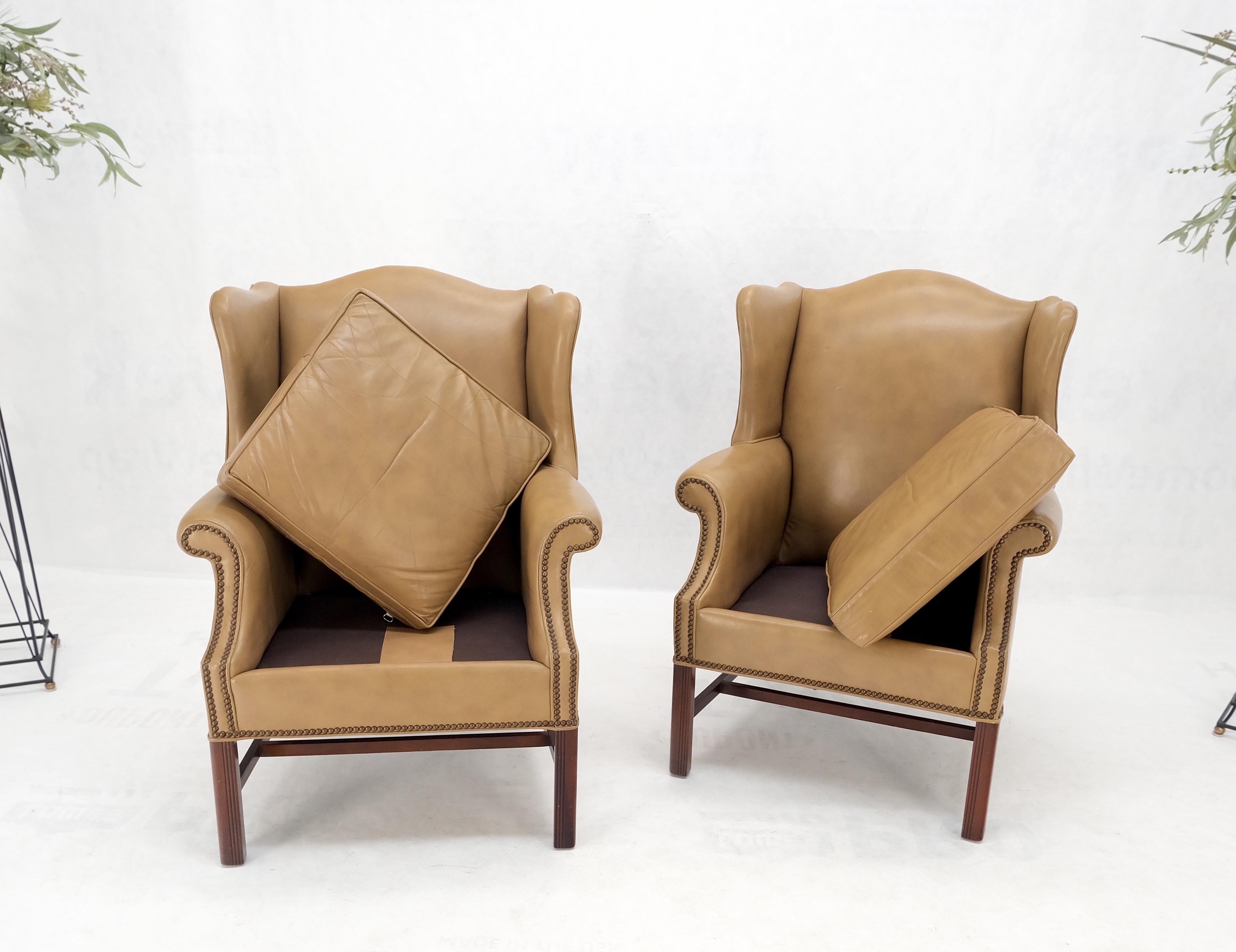 Pair of Tall Tan Leather Wing Chairs on Solid Mahogany Stretcher Base Mint! For Sale 6