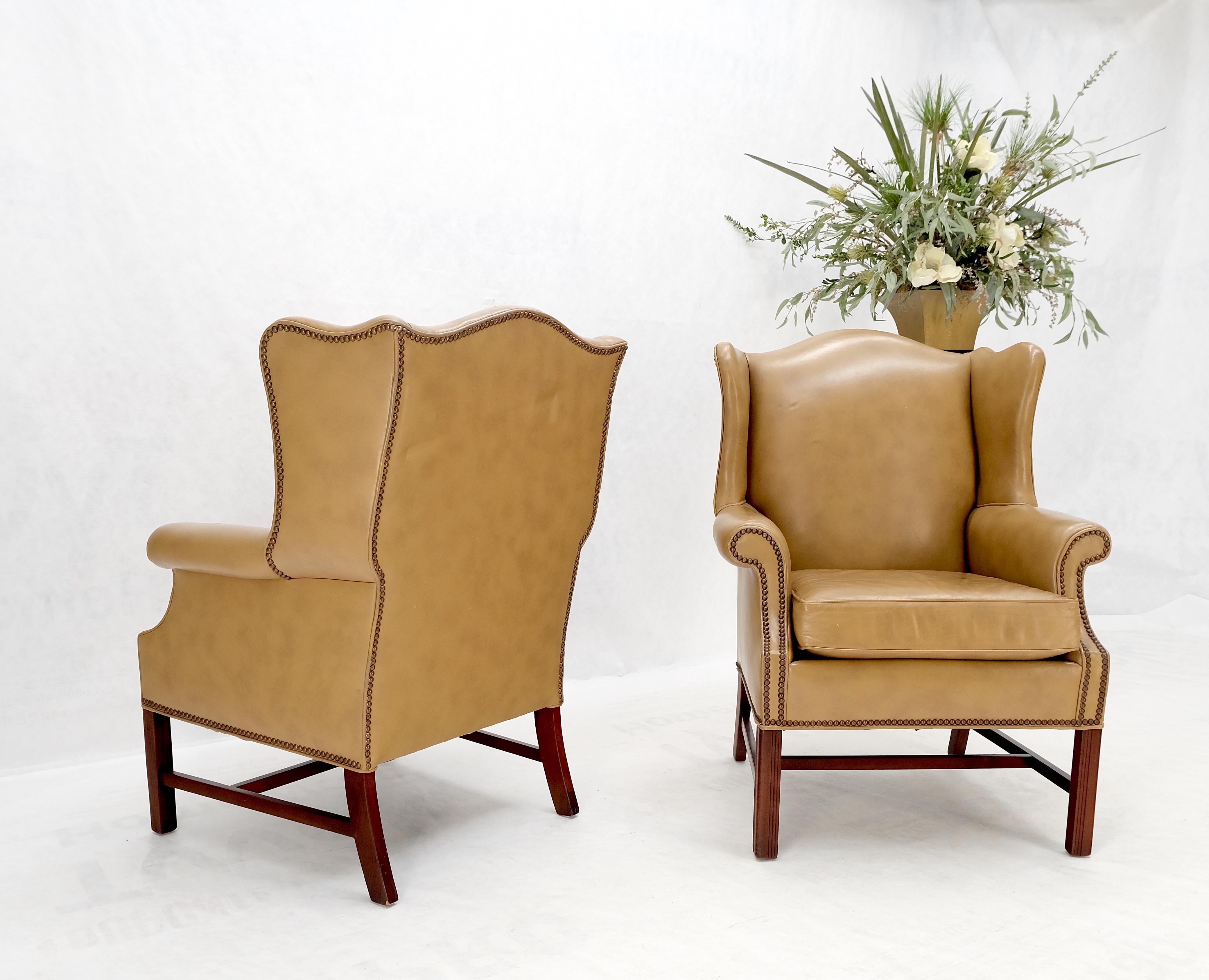 Federal Pair of Tall Tan Leather Wing Chairs on Solid Mahogany Stretcher Base Mint! For Sale