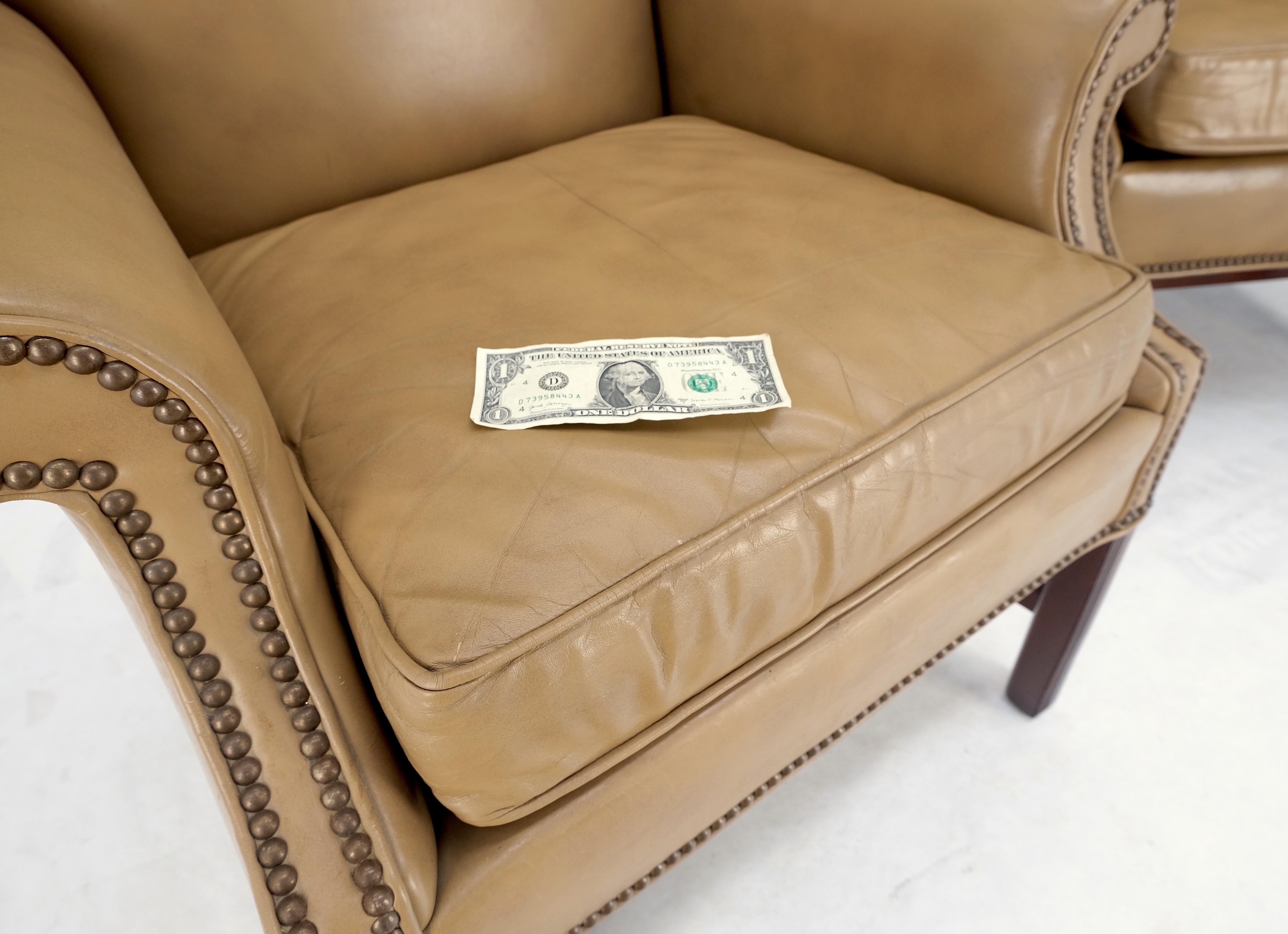 American Pair of Tall Tan Leather Wing Chairs on Solid Mahogany Stretcher Base Mint! For Sale