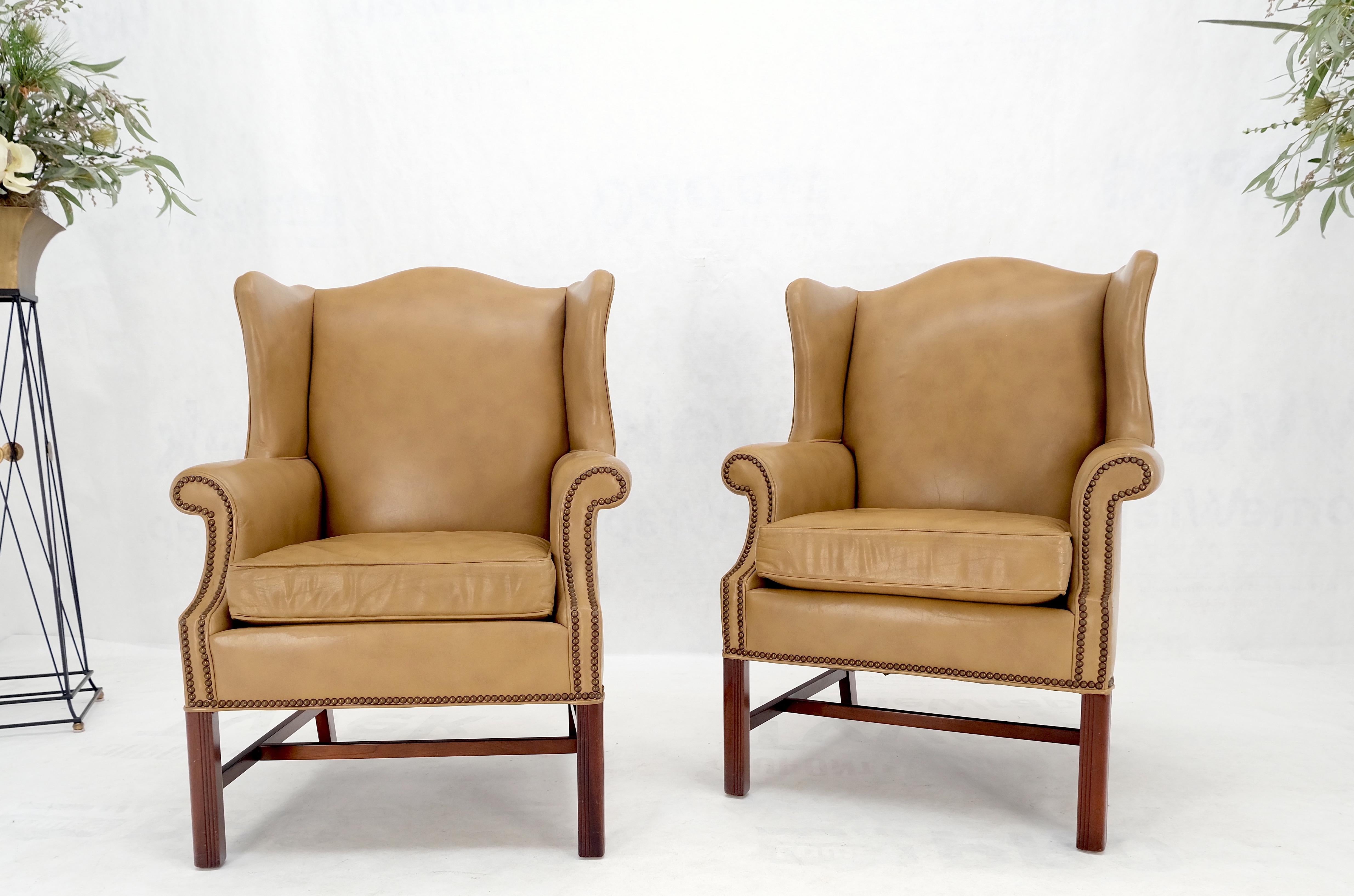 Brass Pair of Tall Tan Leather Wing Chairs on Solid Mahogany Stretcher Base Mint! For Sale