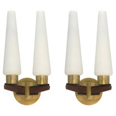 Pair of Tall Teak Double Shade Sconces