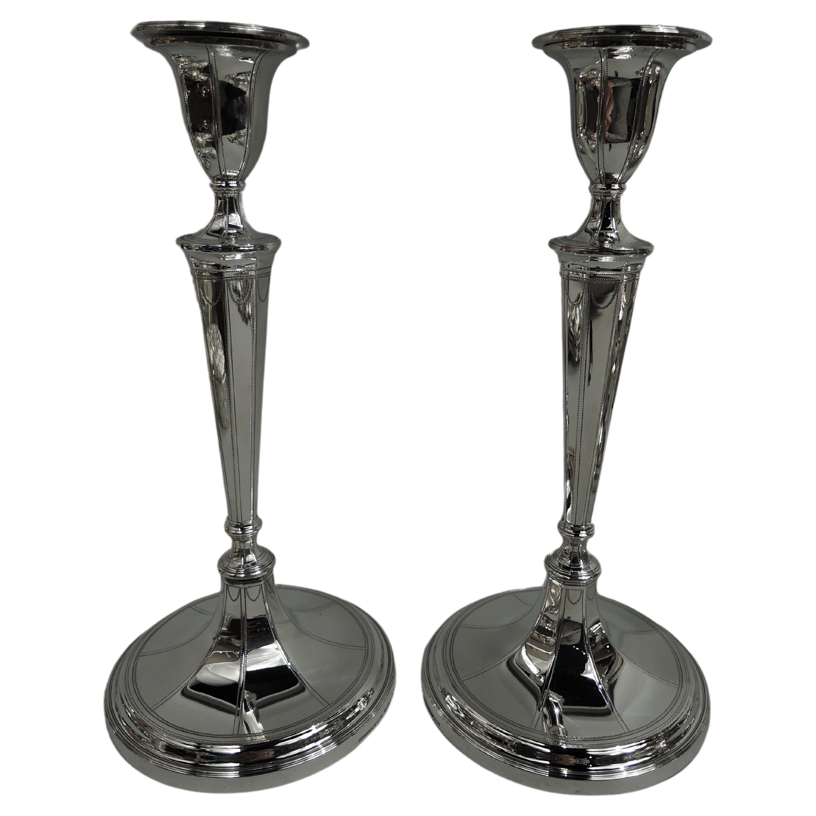 Pair of Tall Tiffany English Neoclassical Sterling Silver Candlesticks