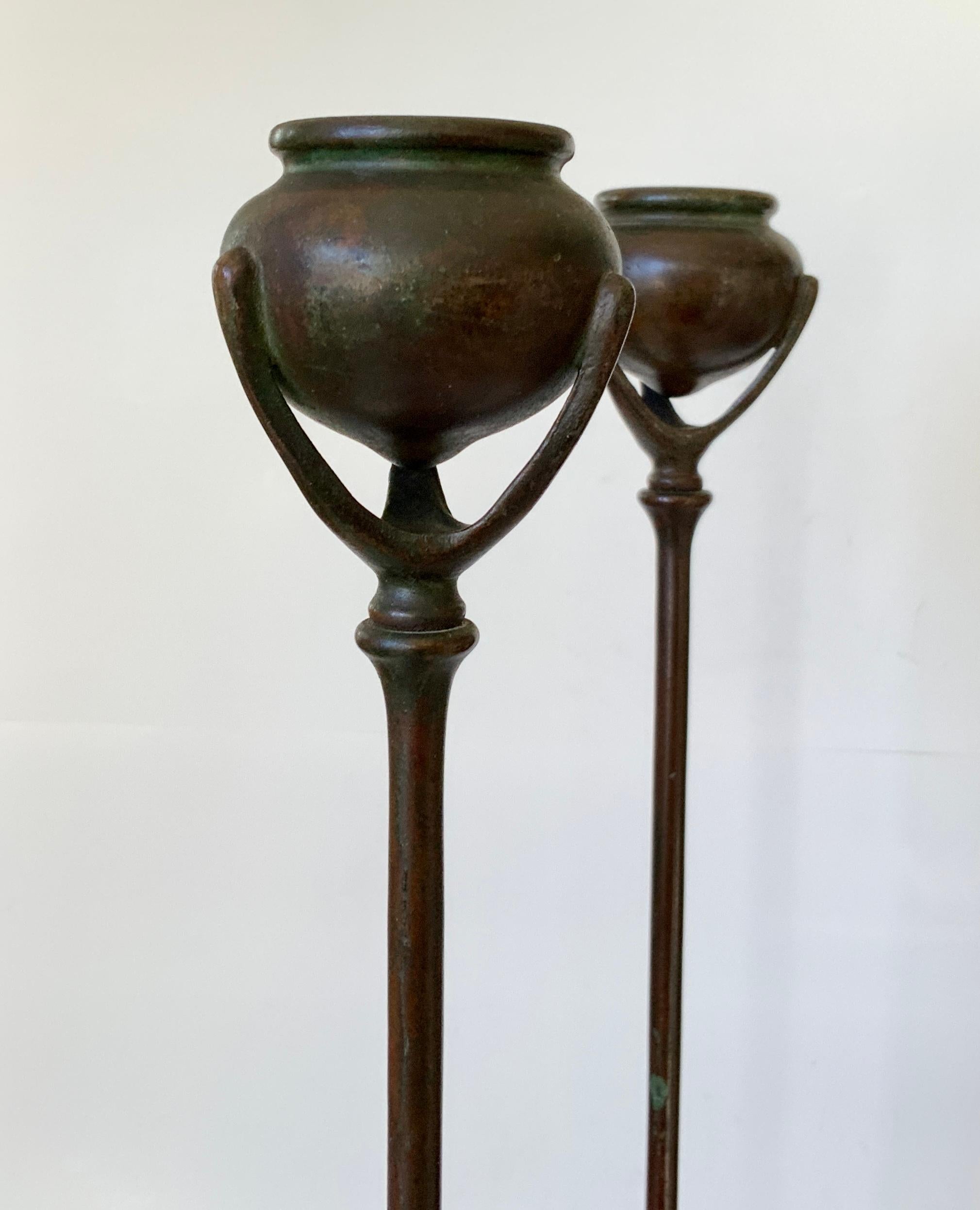 Art Nouveau Pair of Tall Tiffany Studios Bronze Candlesticks, Early 1900's For Sale