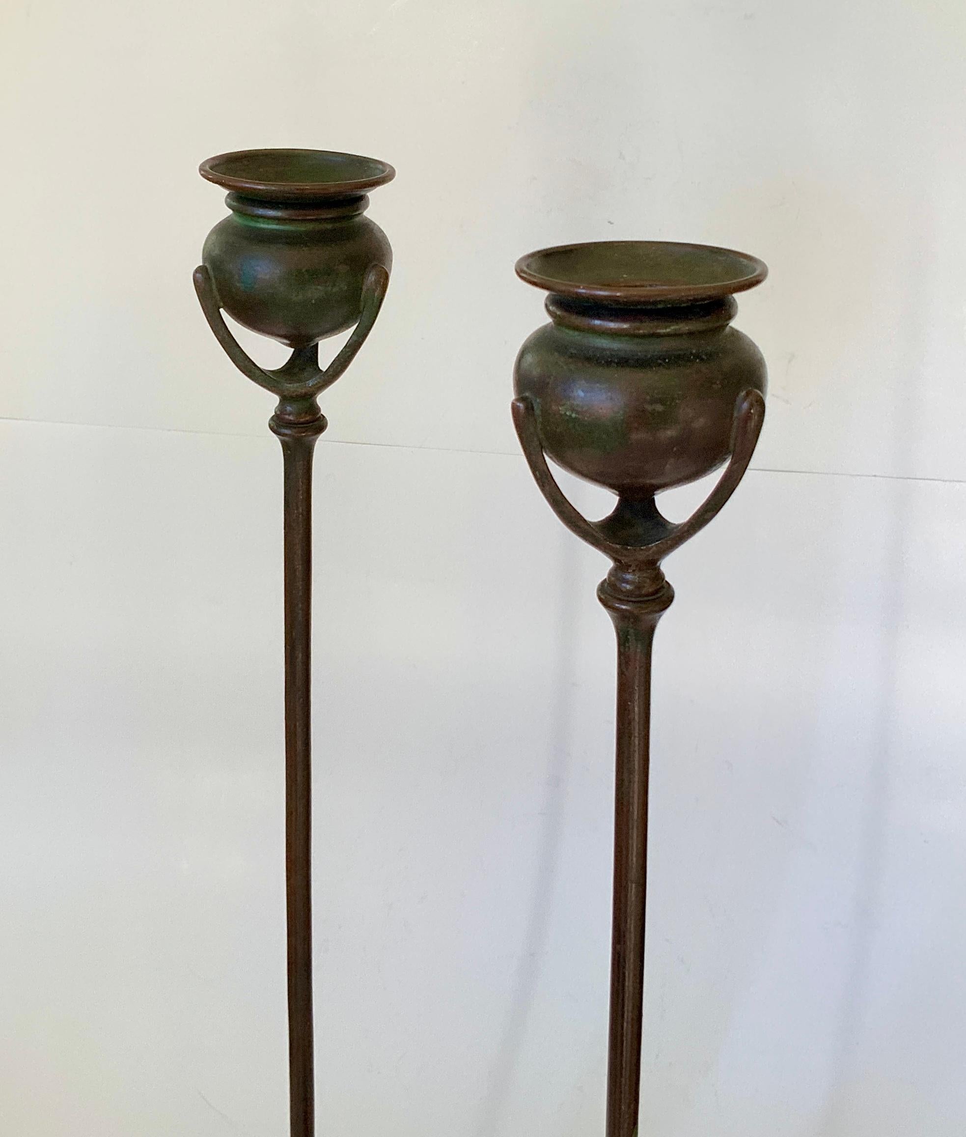 Pair of Tall Tiffany Studios Bronze Candlesticks, Early 1900's In Good Condition For Sale In Haddonfield, NJ