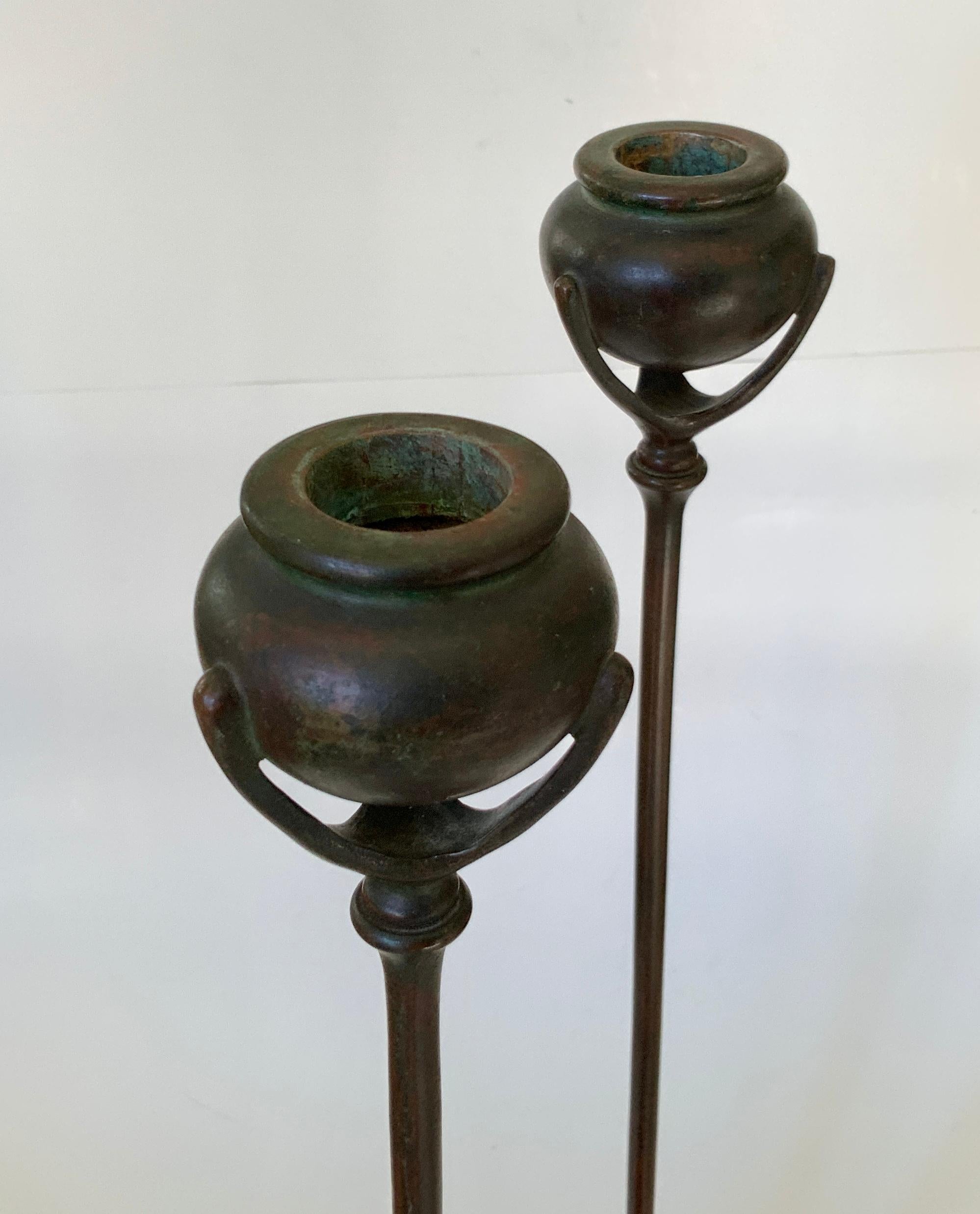 Early 20th Century Pair of Tall Tiffany Studios Bronze Candlesticks, Early 1900's For Sale