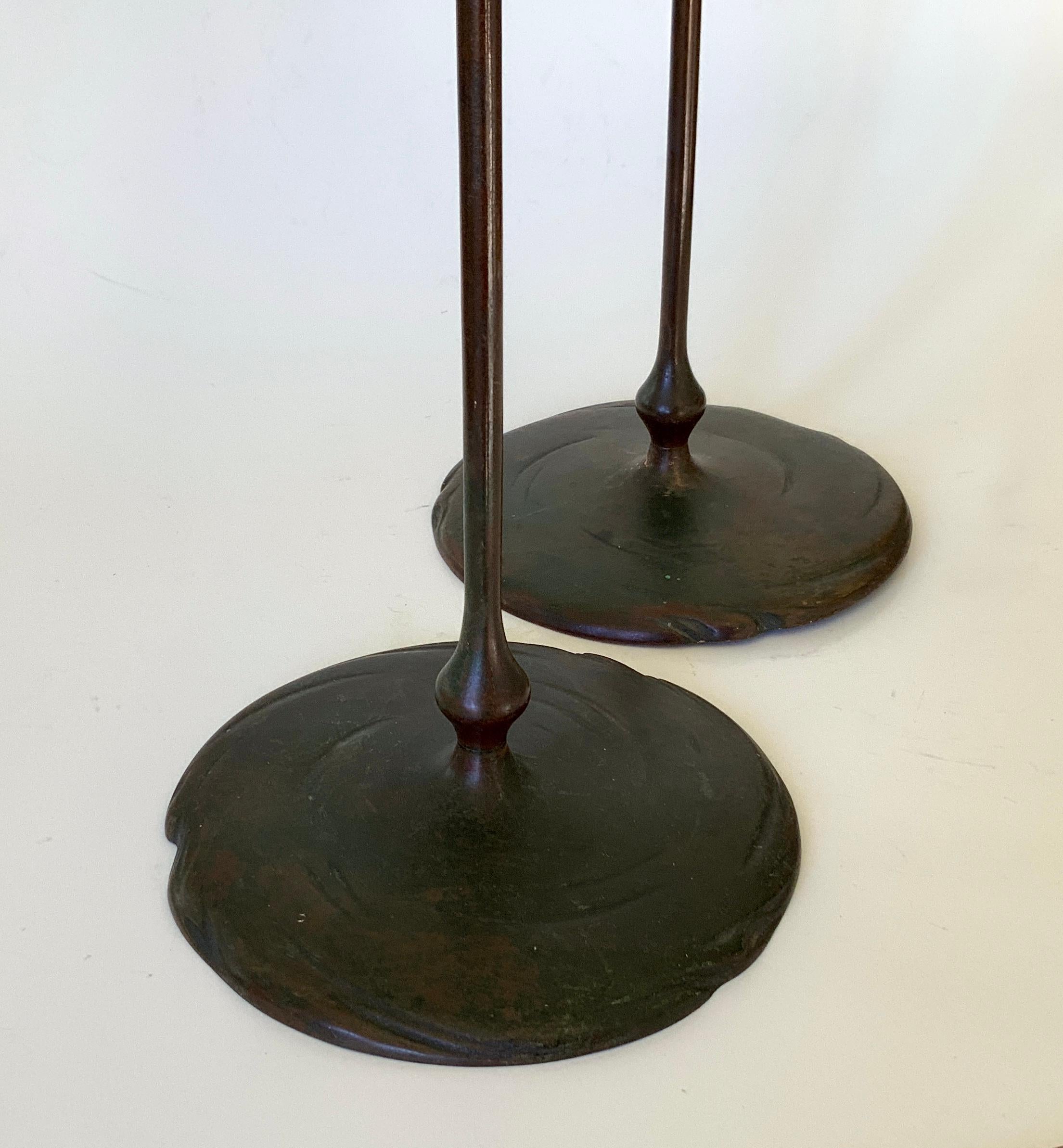 Pair of Tall Tiffany Studios Bronze Candlesticks, Early 1900's For Sale 1