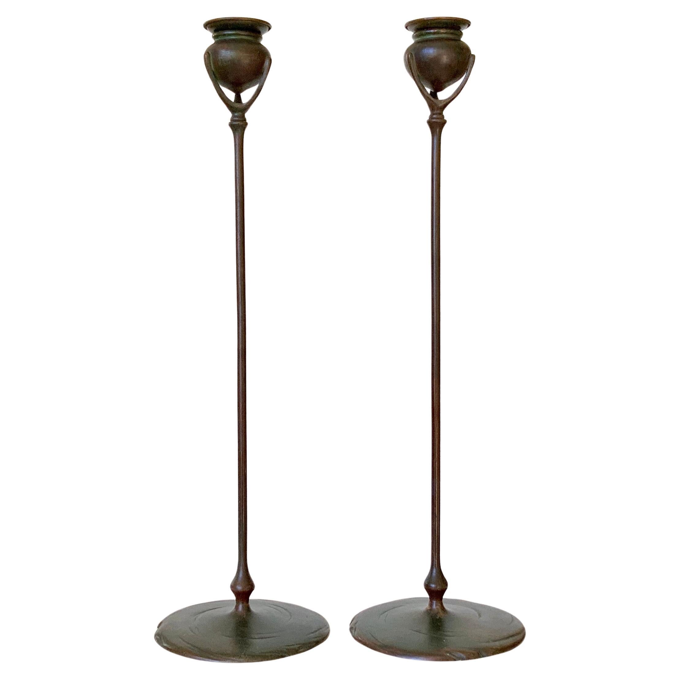 Pair of Tall Tiffany Studios Bronze Candlesticks, Early 1900's For Sale