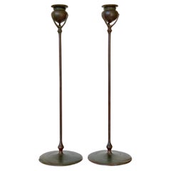 Antique Pair of Tall Tiffany Studios Bronze Candlesticks, Early 1900's