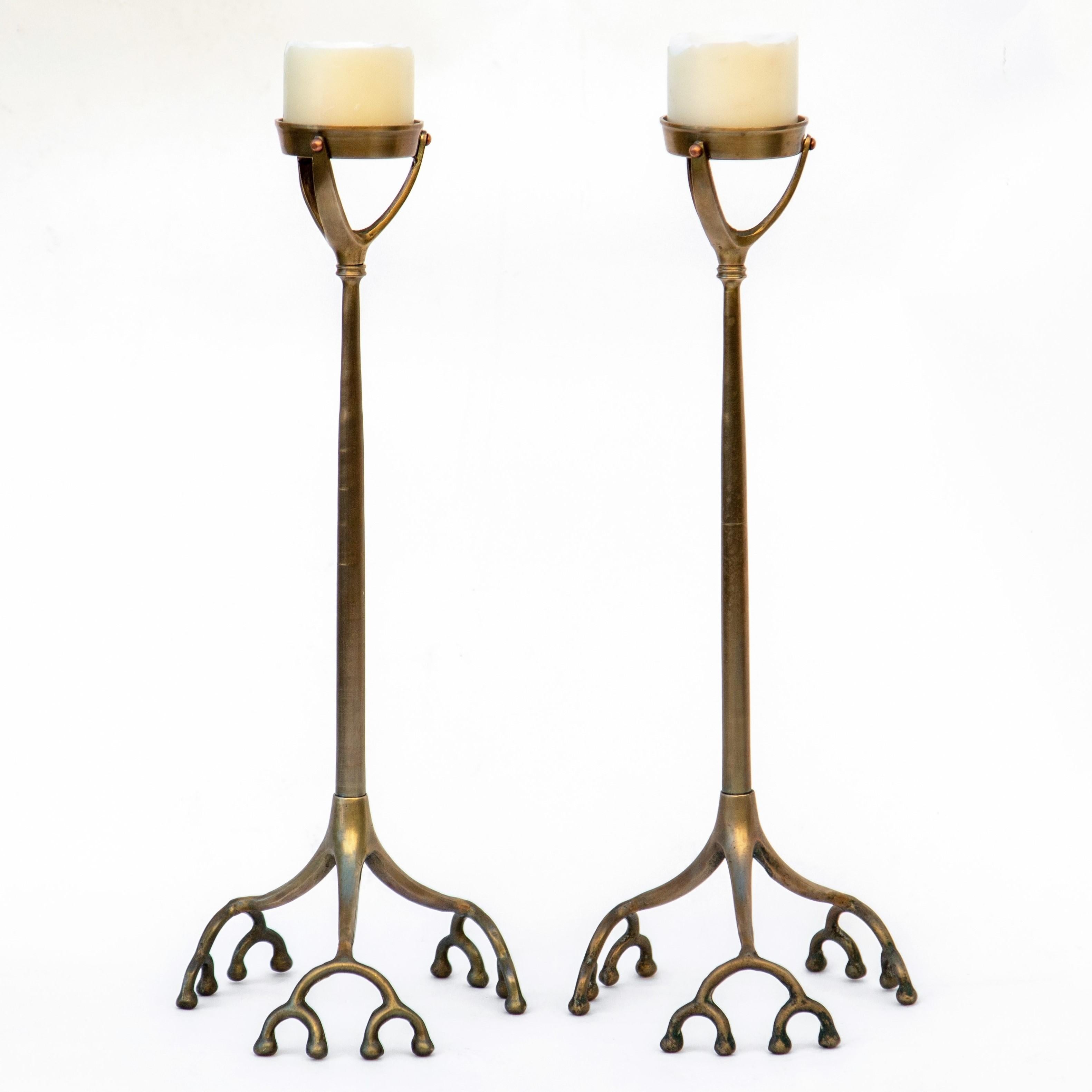 Pair of Tall Tiffany Studios Style Brass Root Candlesticks 5