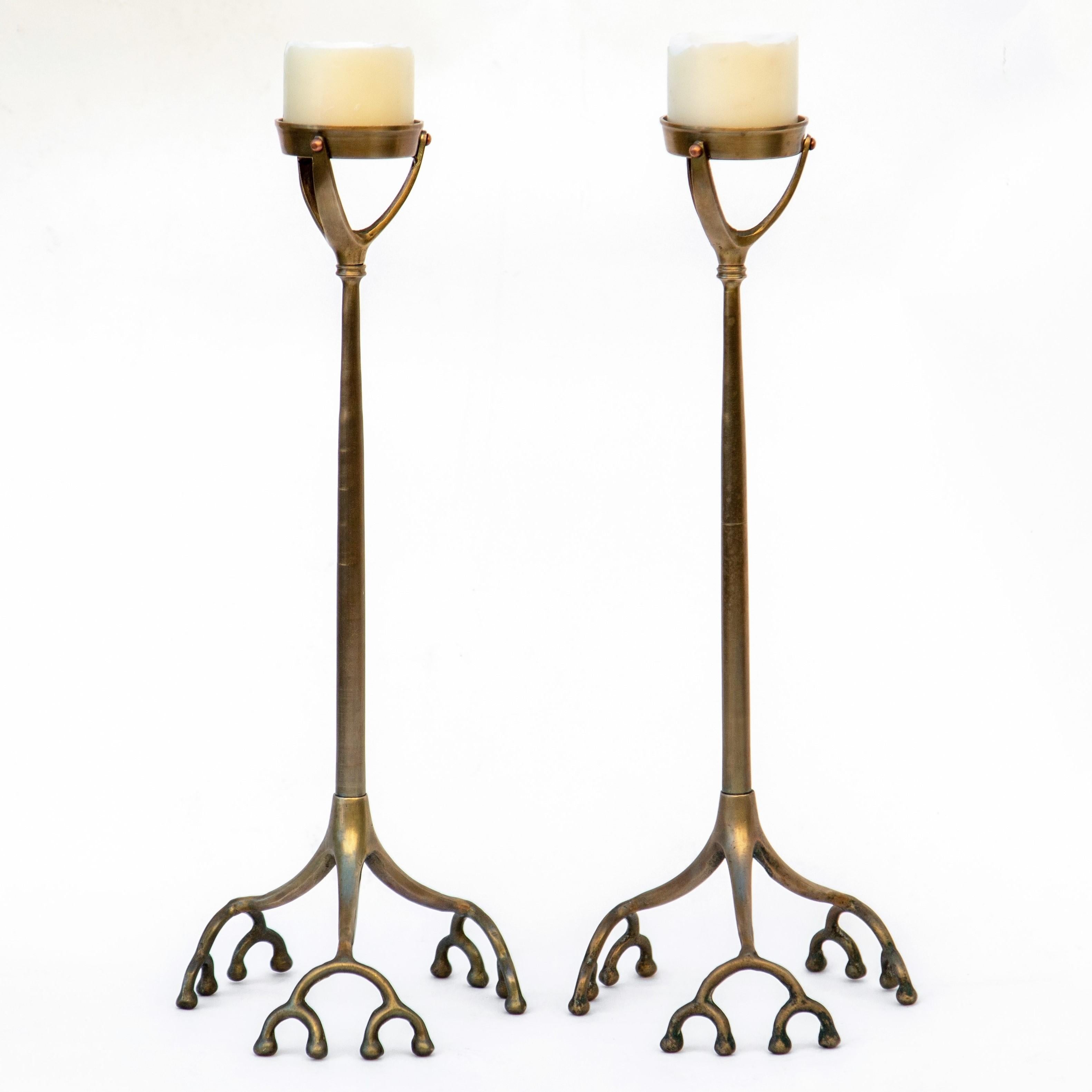 Pair of Tall Tiffany Studios Style Brass Root Candlesticks 6