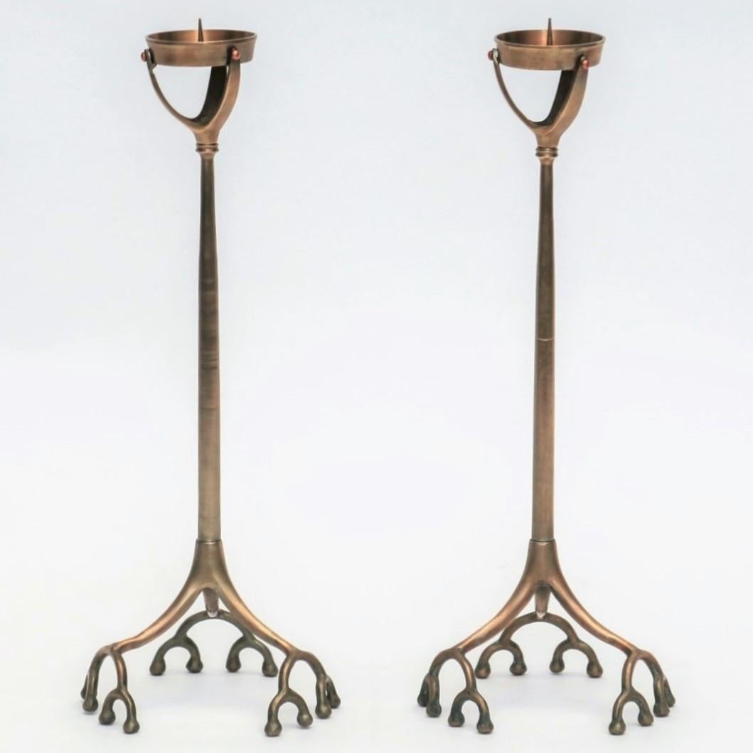 Pair of Tall Tiffany Studios Style Brass Root Candlesticks 7