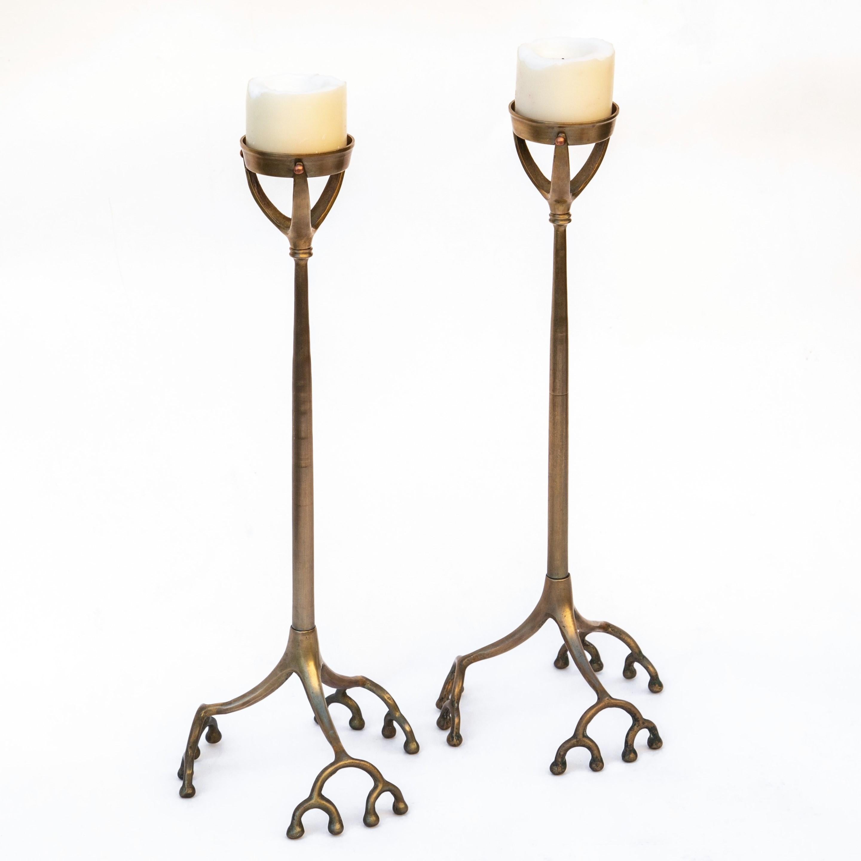 Art Nouveau Pair of Tall Tiffany Studios Style Brass Root Candlesticks