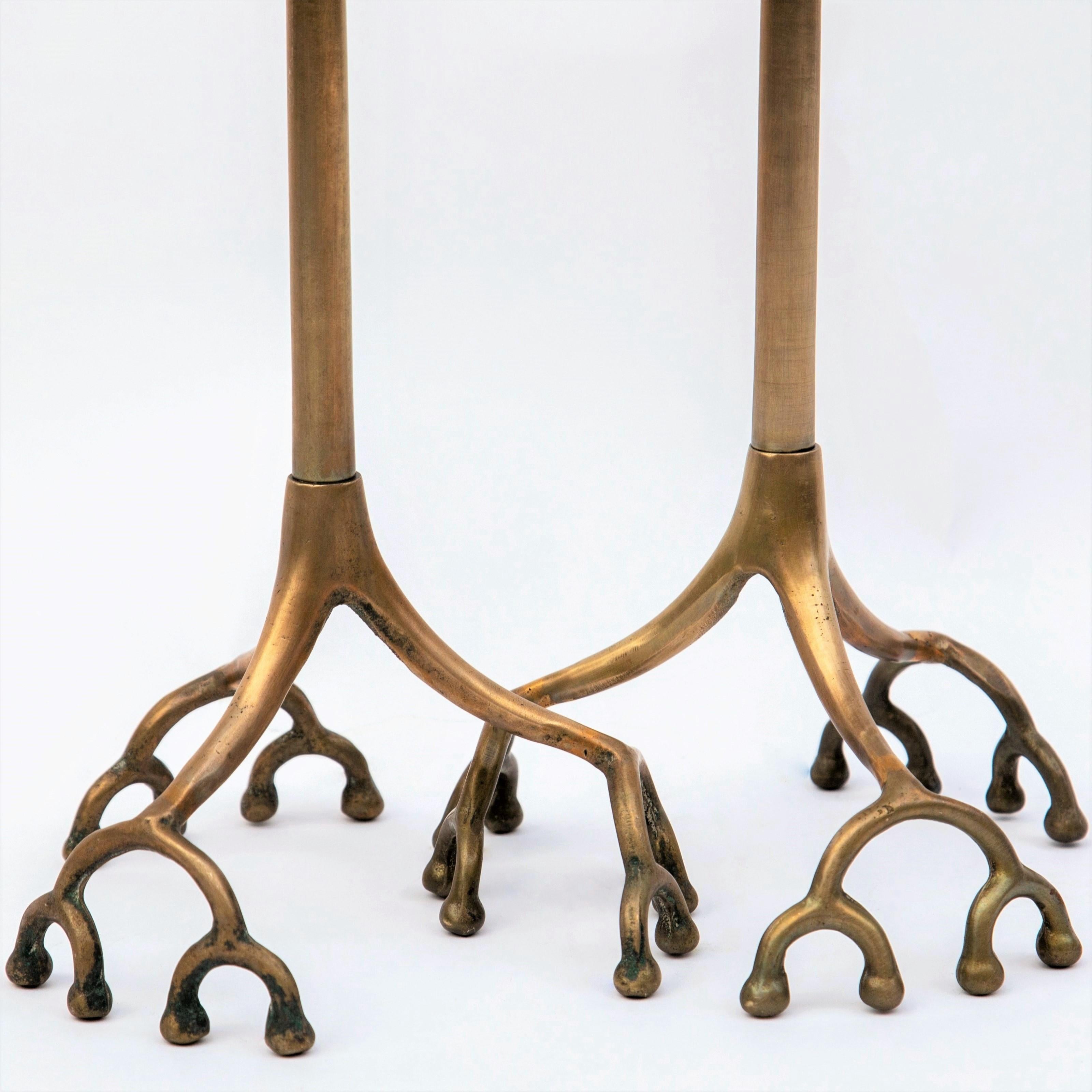 Art Nouveau Pair of Tall Tiffany Studios Style Brass Root Candlesticks