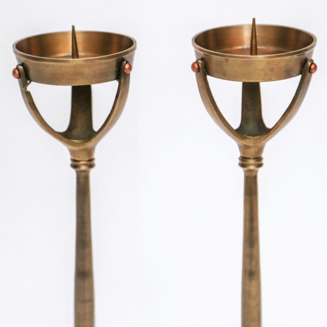 Pair of Tall Tiffany Studios Style Brass Root Candlesticks In Good Condition In Baltimore, MD