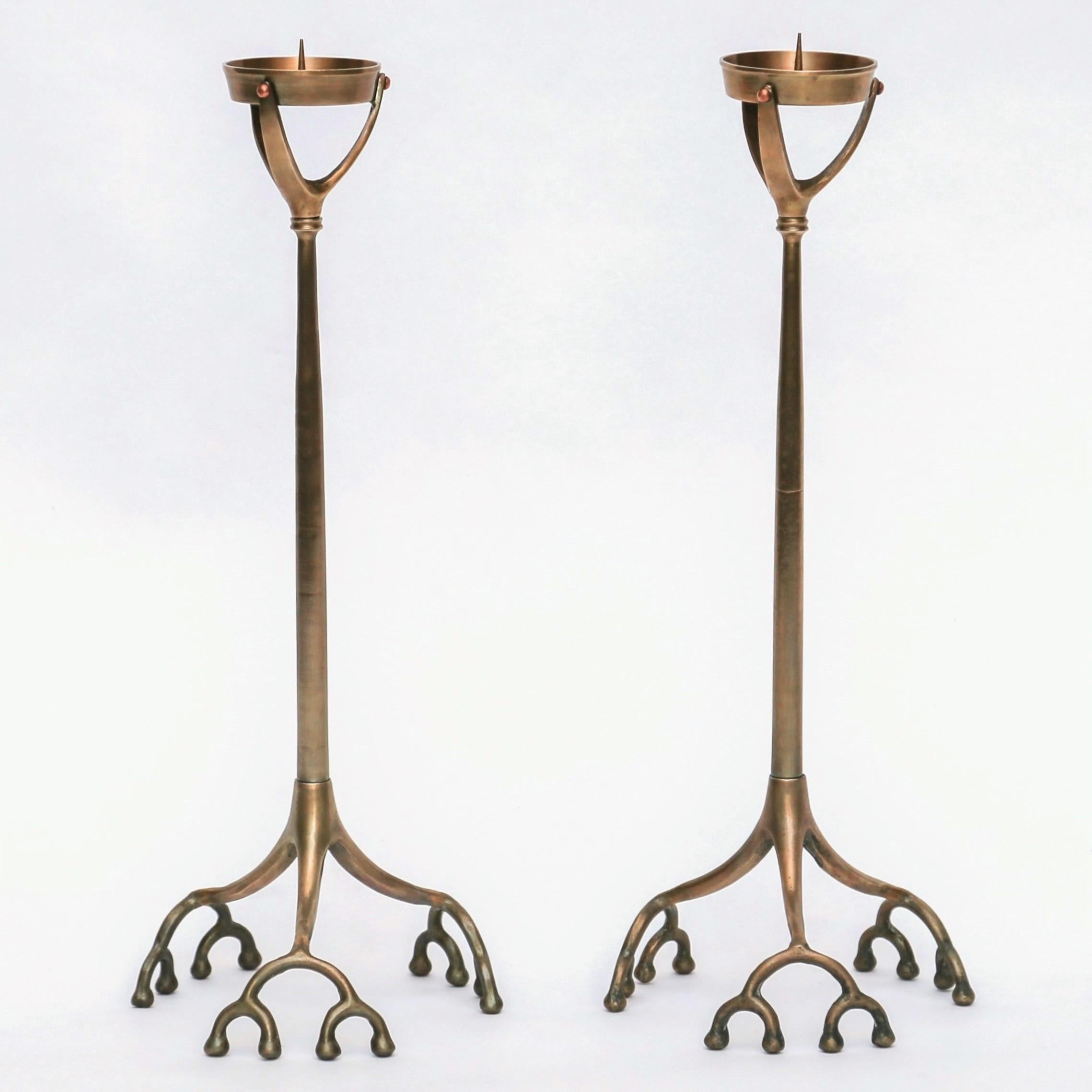 Pair of Tall Tiffany Studios Style Brass Root Candlesticks 2