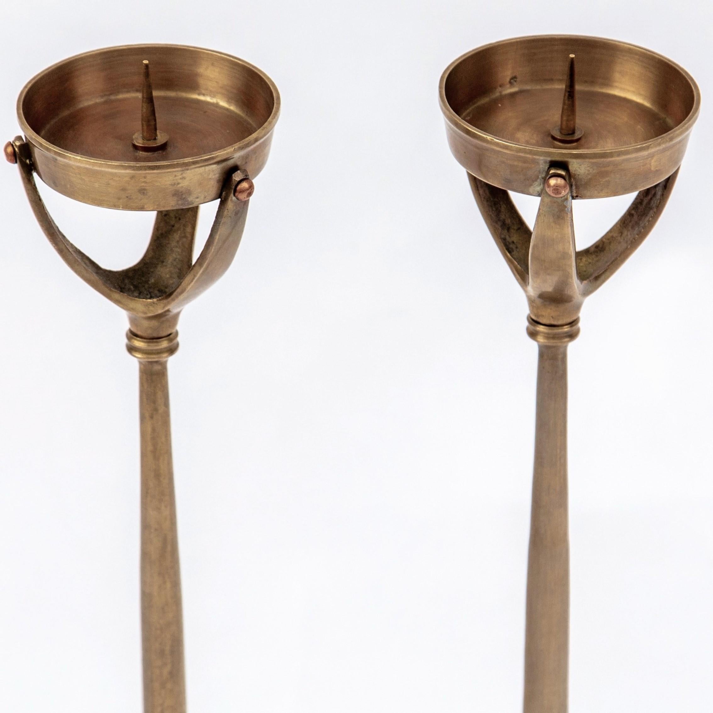 Pair of Tall Tiffany Studios Style Brass Root Candlesticks 3