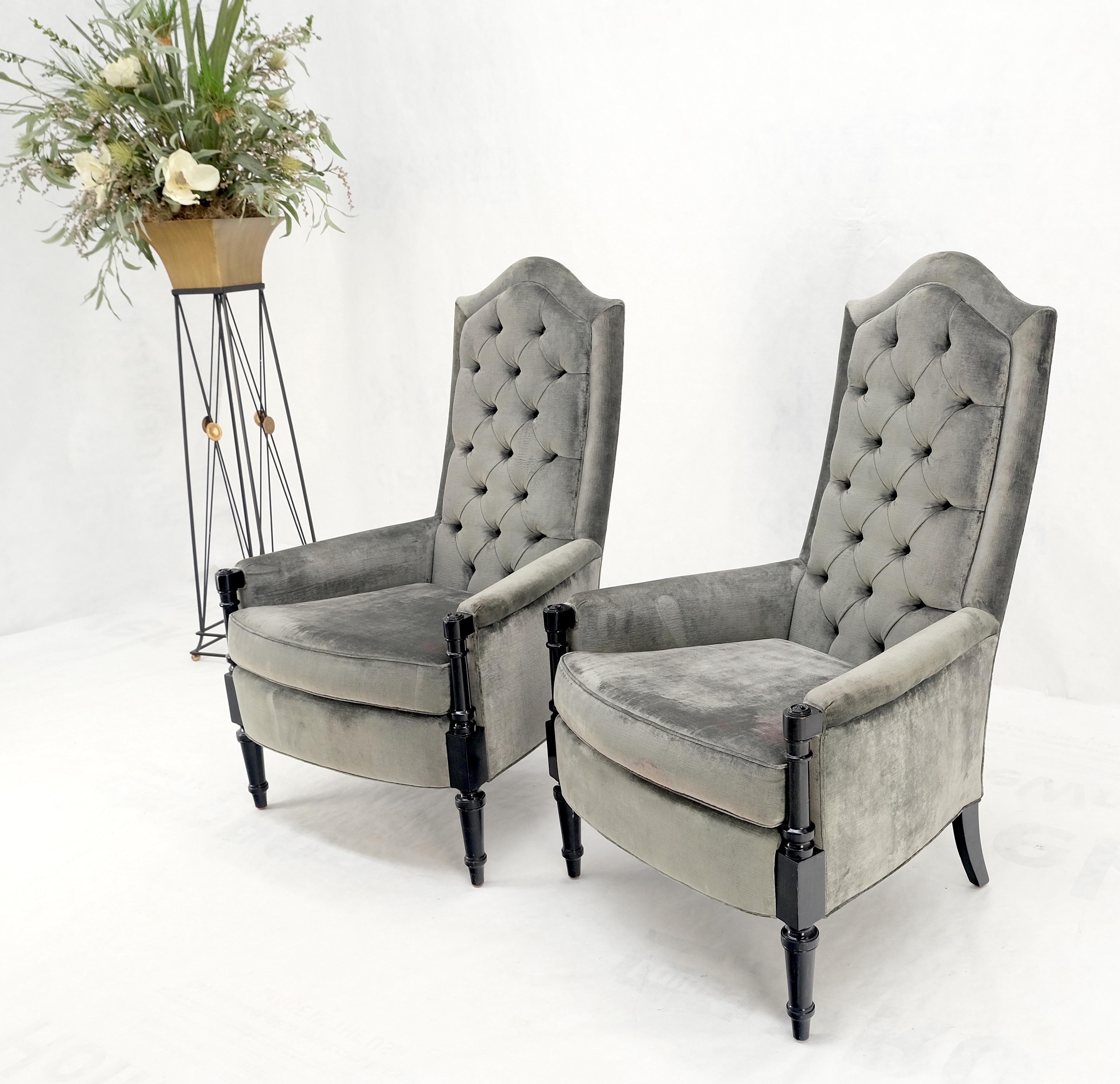 Pair of Tall Tufted Backs Black Lacquer Frames Decorative Arm Chairs Thrones For Sale 5