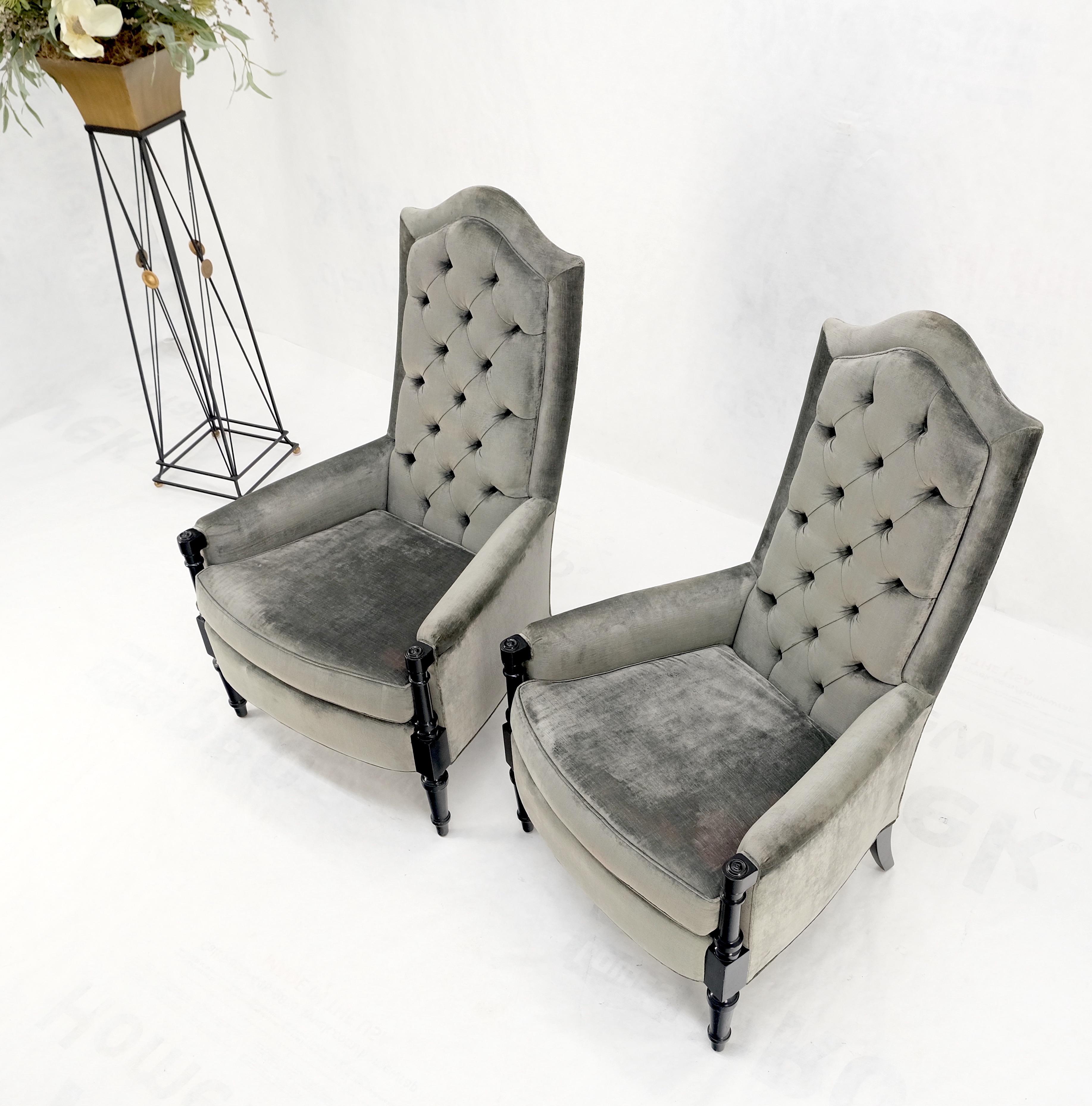 Pair of Tall Tufted Backs Black Lacquer Frames Decorative Arm Chairs Thrones For Sale 7