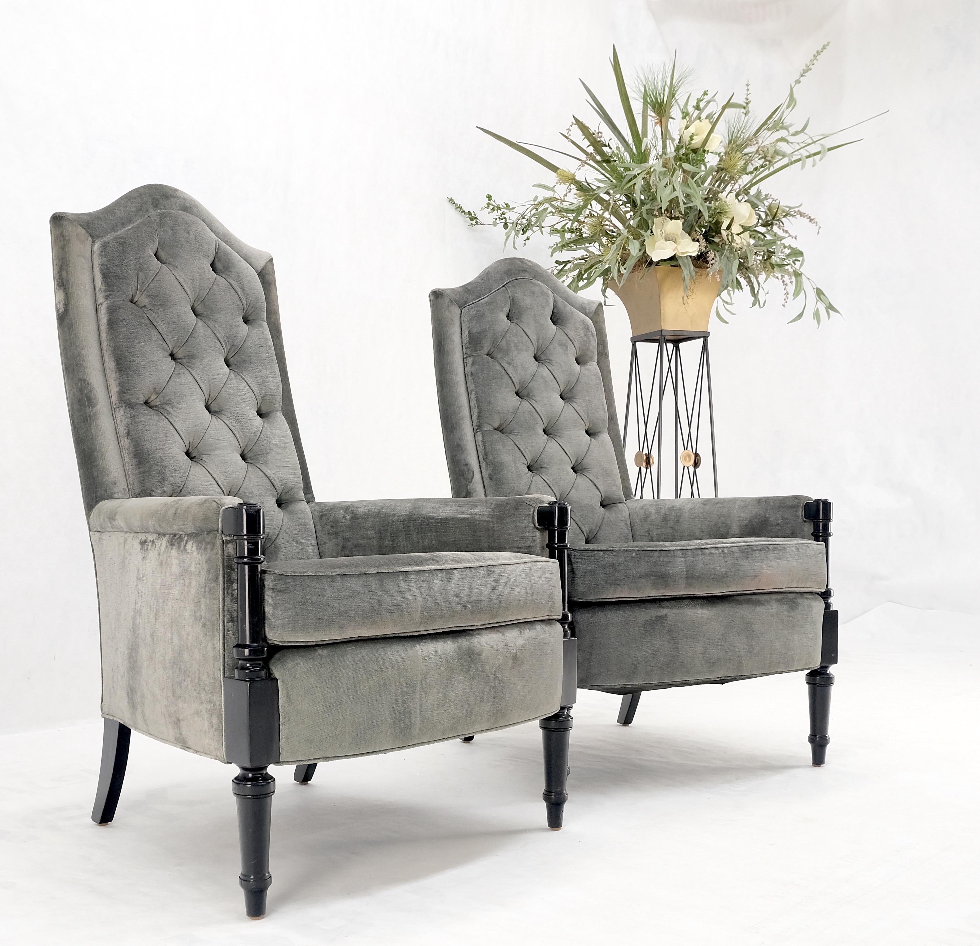 Pair of Tall Tufted Backs Black Lacquer Frames Decorative Arm Chairs Thrones For Sale 8