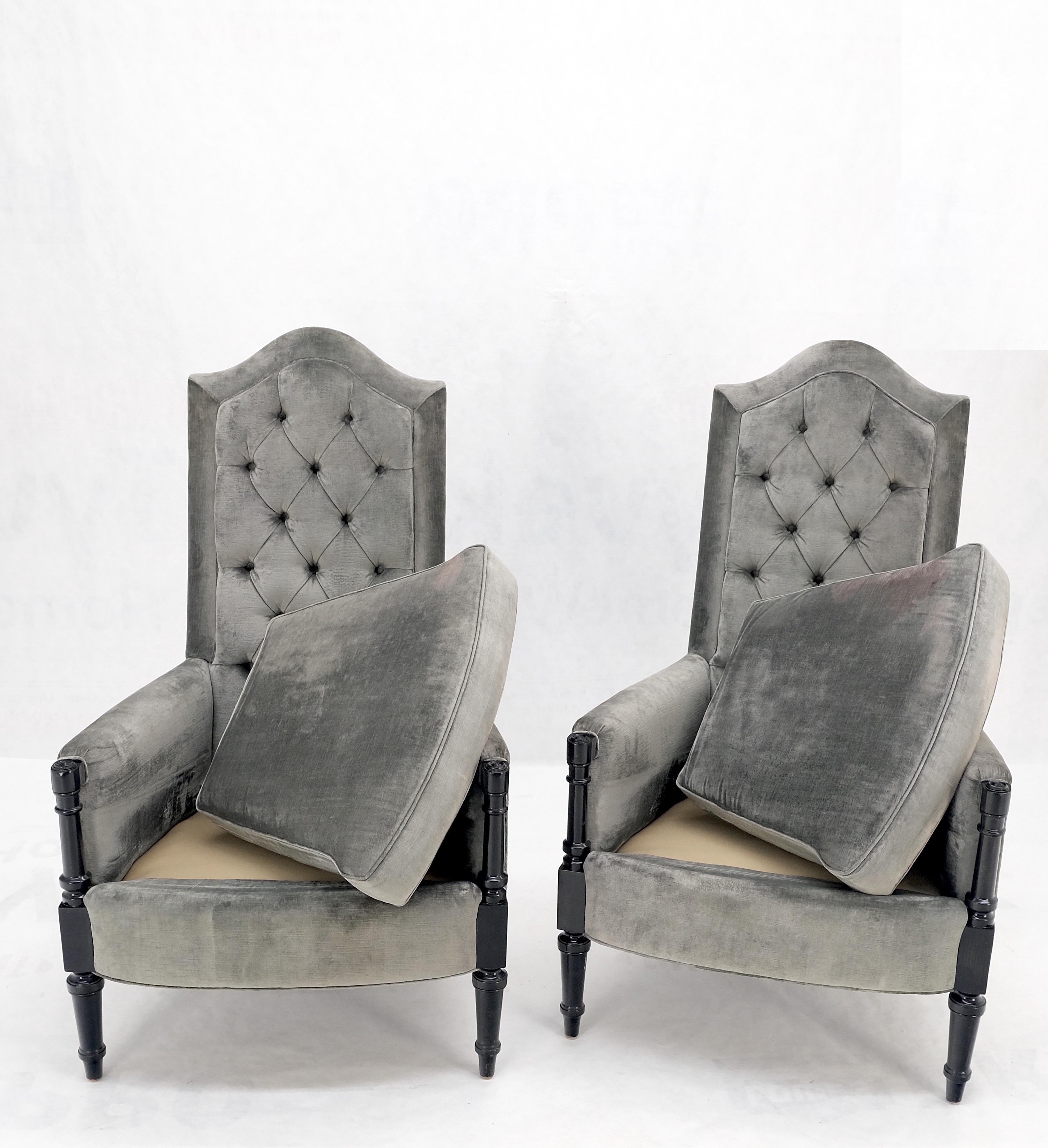 Pair of tall tufted backs black lacquer frames decorative arm chairs thrones.
Super high quality slight fading in the upholstery as pictured.