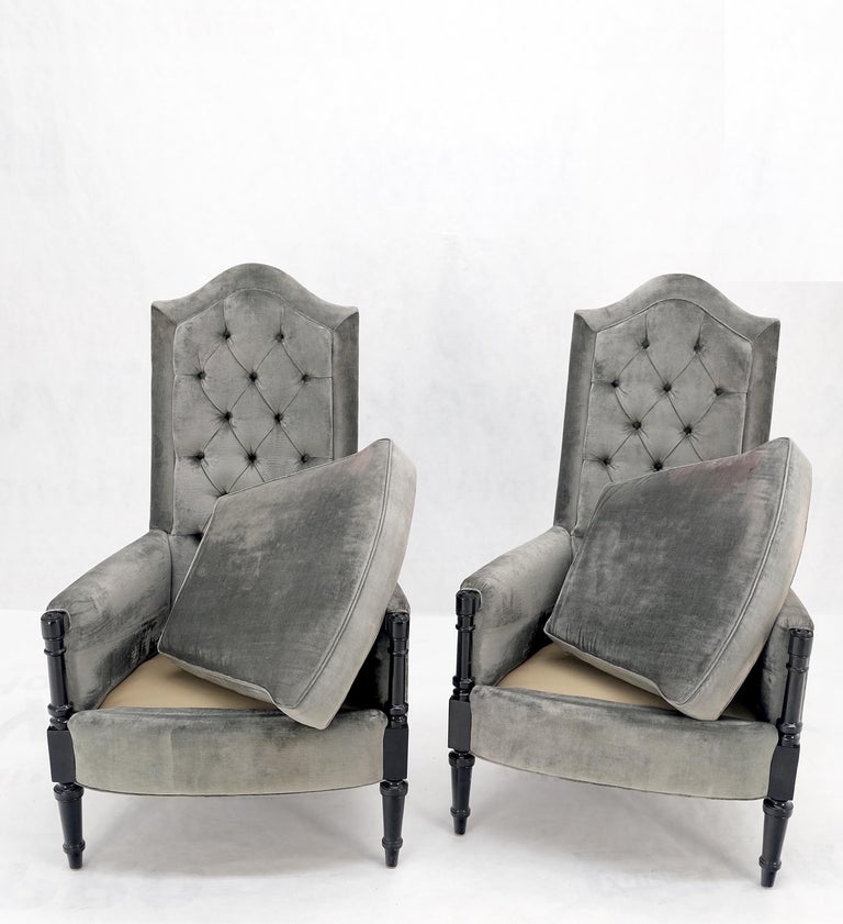 Pair of Tall Tufted Backs Black Lacquer Frames Decorative Arm Chairs