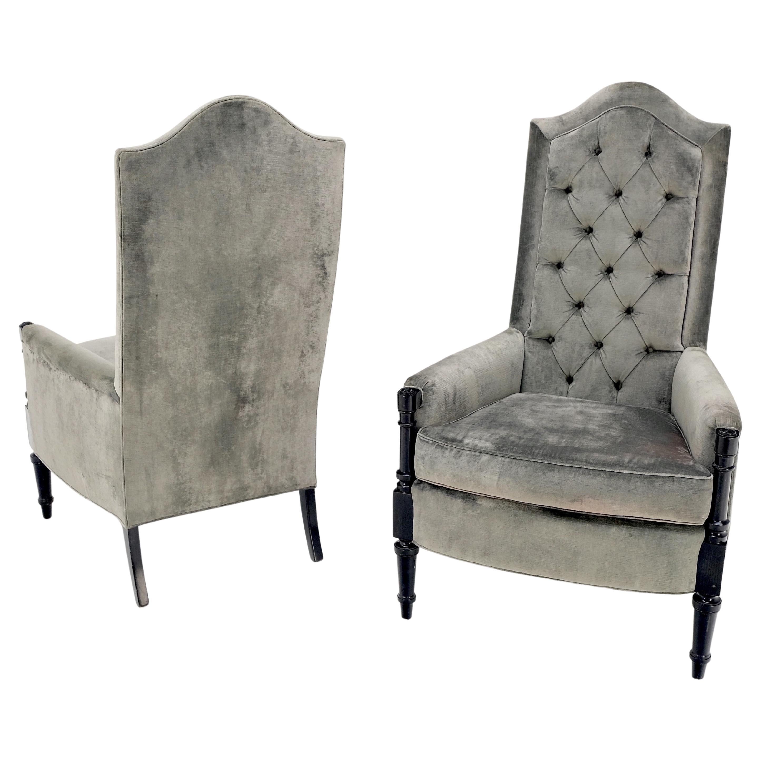 Pair of Tall Tufted Backs Black Lacquer Frames Decorative Arm Chairs Thrones For Sale