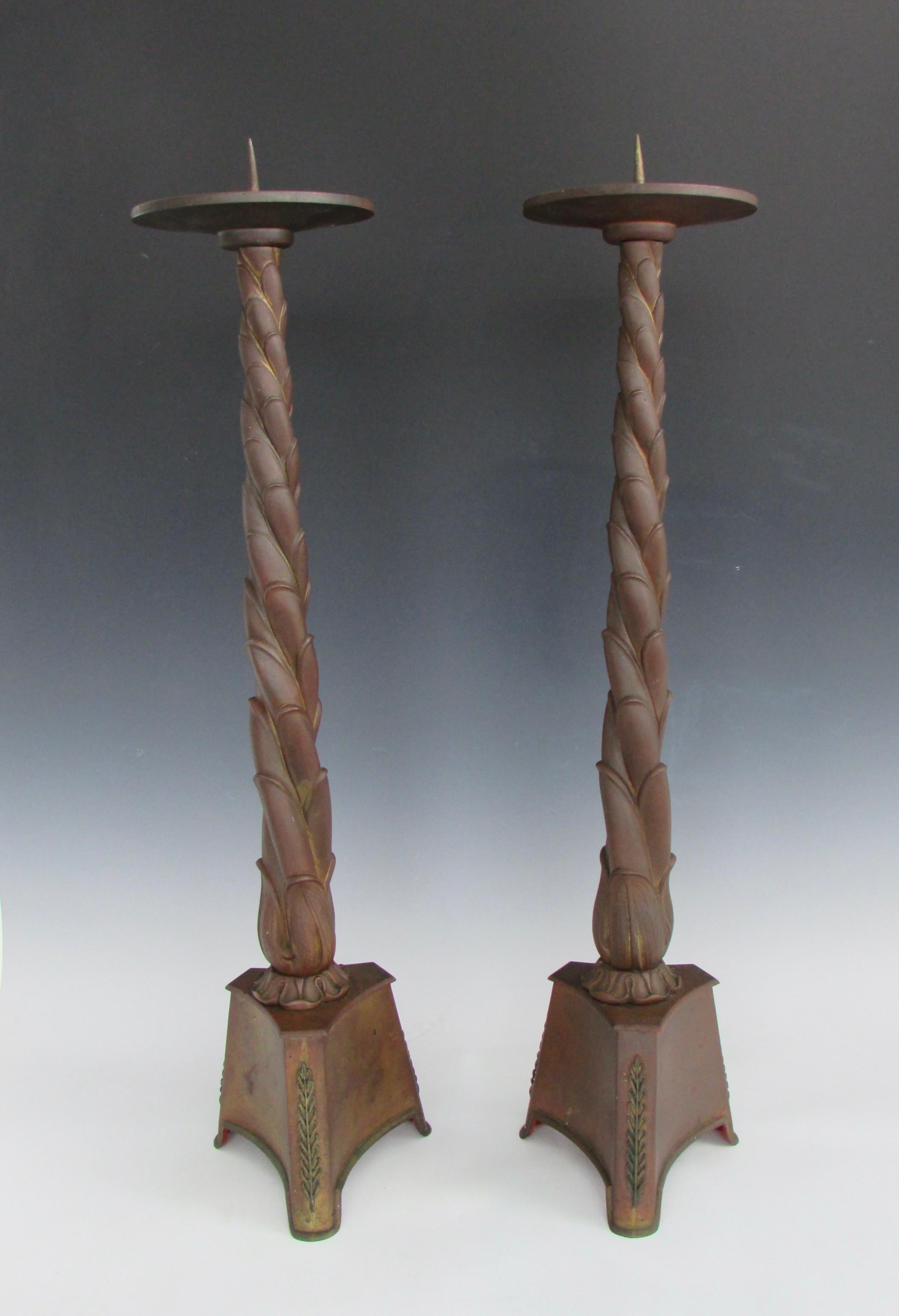 American Pair of Tall Twist Column Bronze Gothic Candle Sticks For Sale