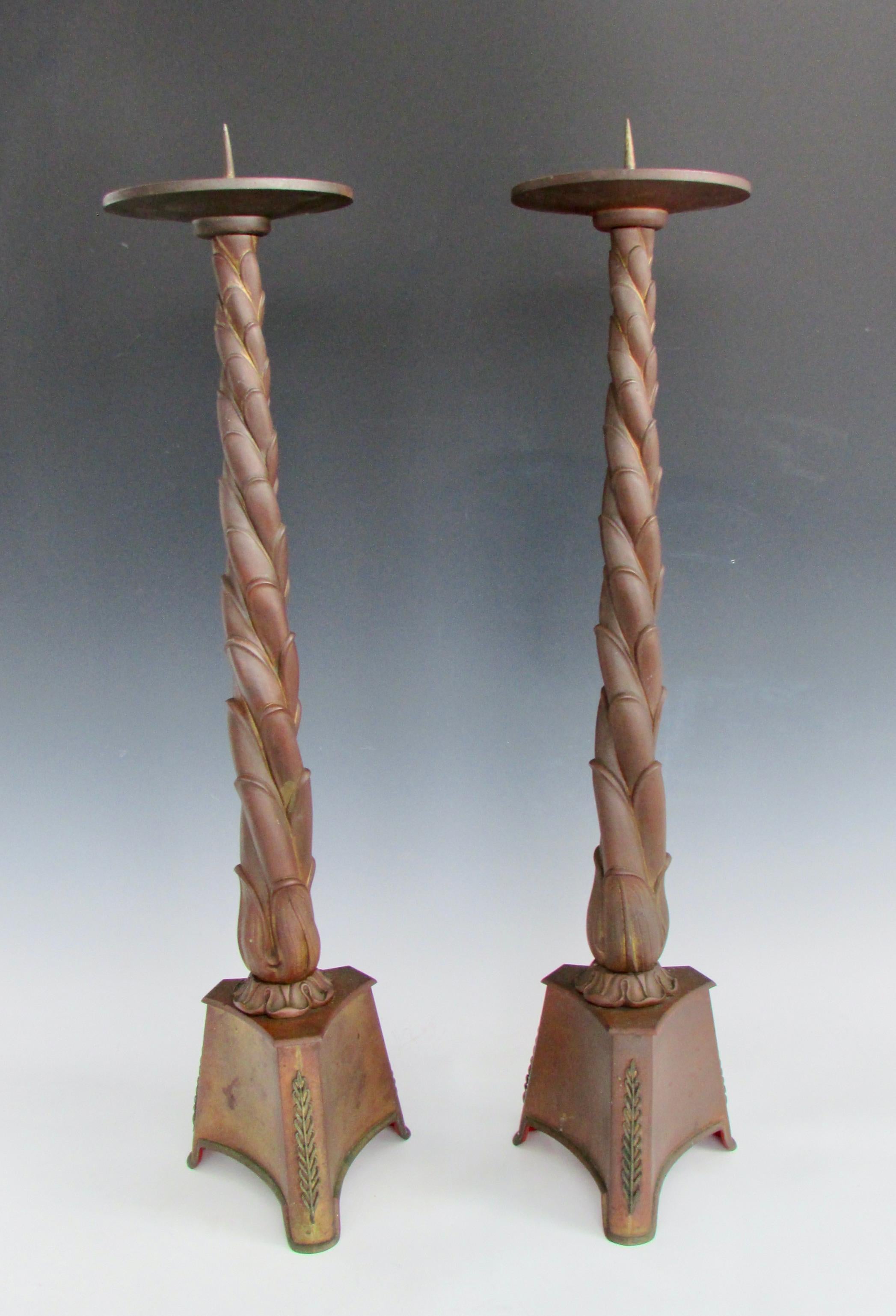 Cast Pair of Tall Twist Column Bronze Gothic Candle Sticks For Sale