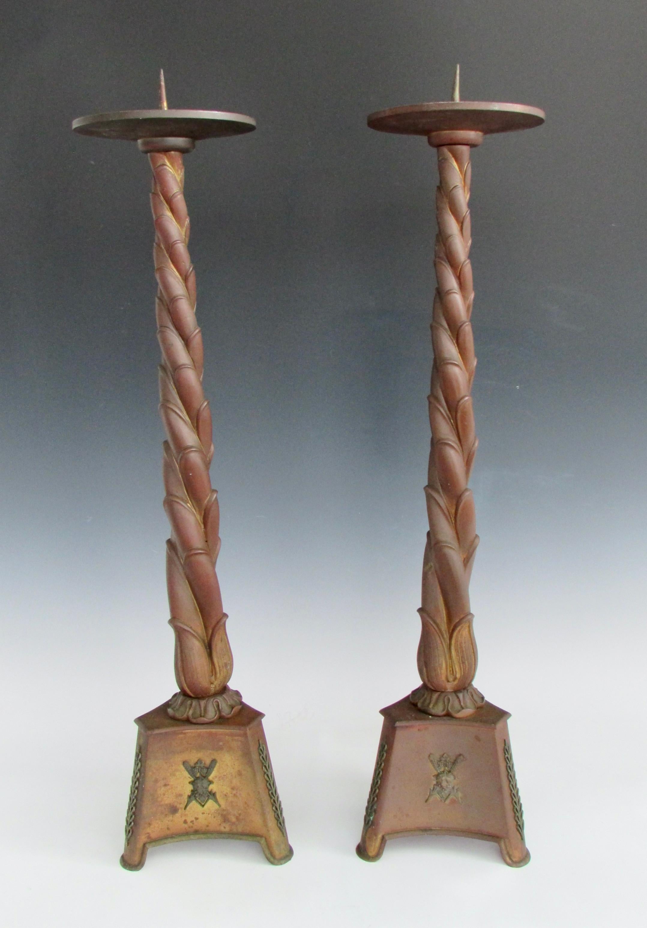 Pair of Tall Twist Column Bronze Gothic Candle Sticks In Good Condition For Sale In Ferndale, MI