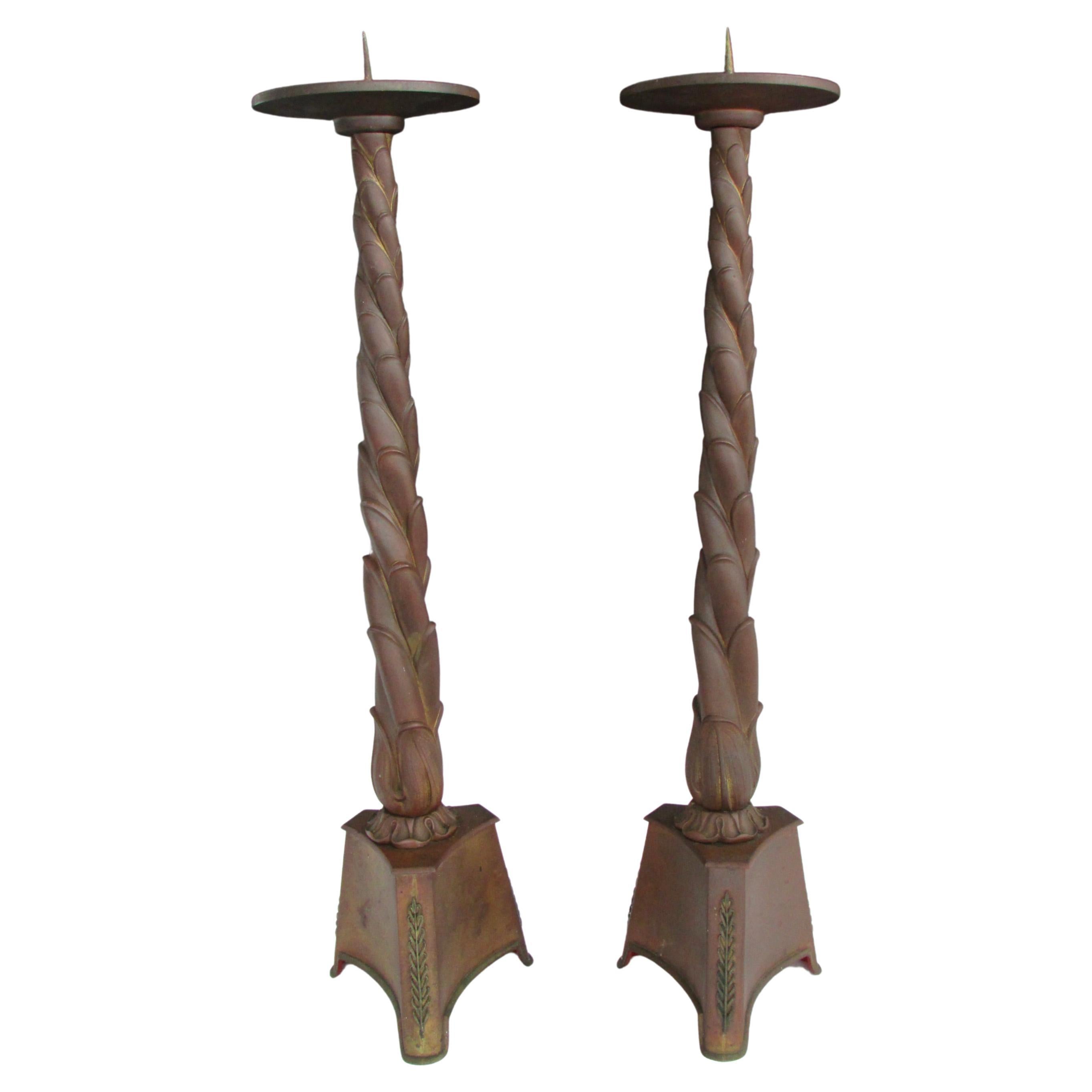 Pair of Tall Twist Column Bronze Gothic Candle Sticks