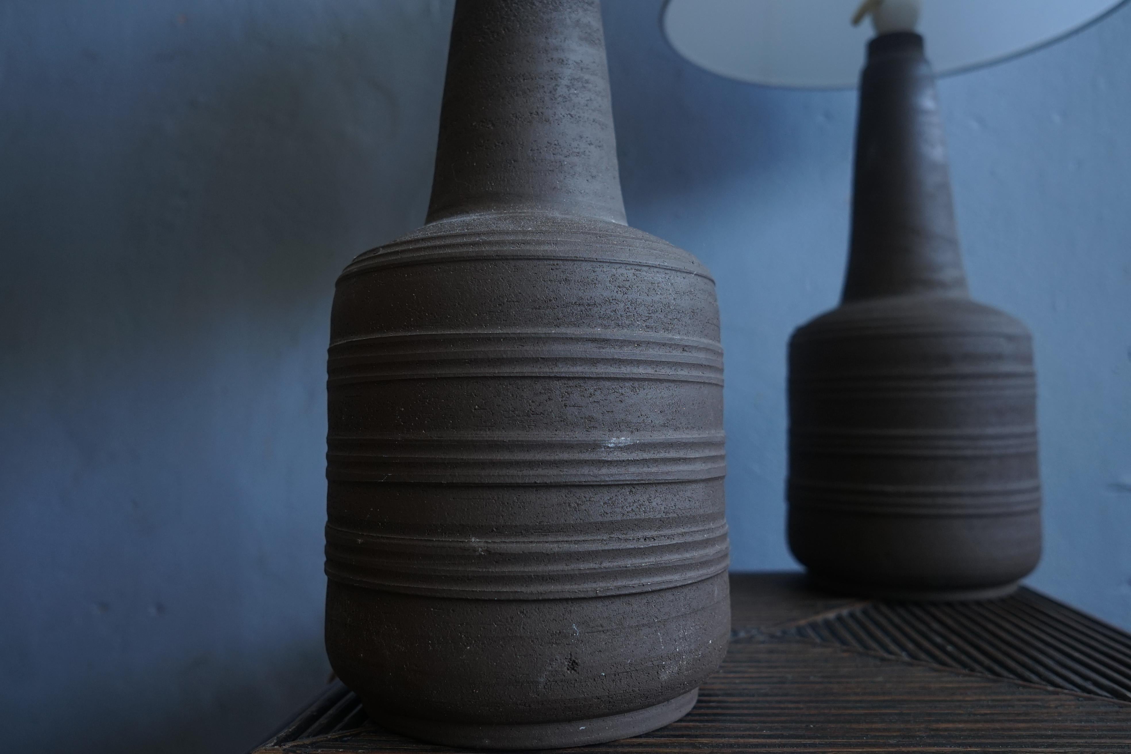 Danish Pair of Tall Unglazed Ceramic Brutalist Lamps, 1970s