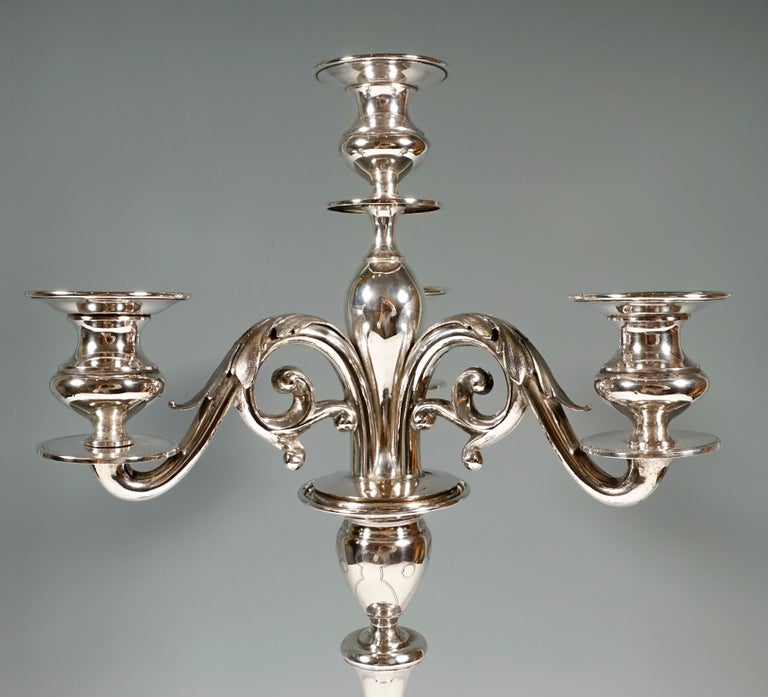 Hand-Crafted Pair of Tall Viennese Silver Art Nouveau 4-Flame Candelabras by Eberl & Co, 1920 For Sale